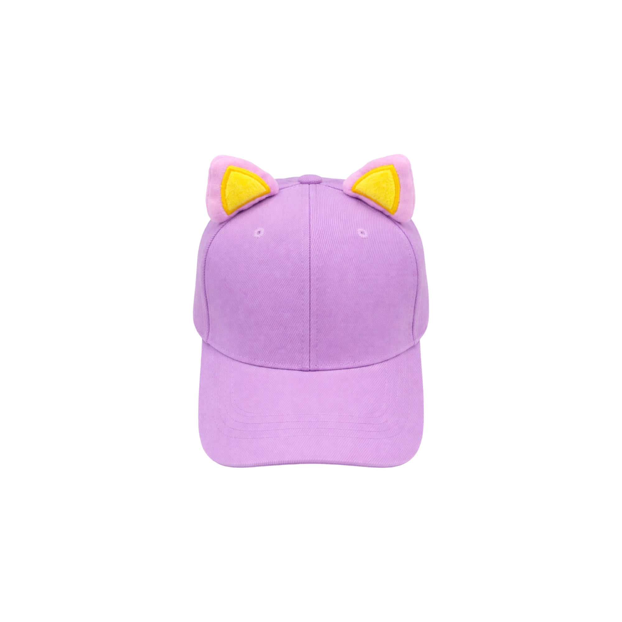 A purple baseball hat with cute yellow animal ears. The hat features a logo on the front.