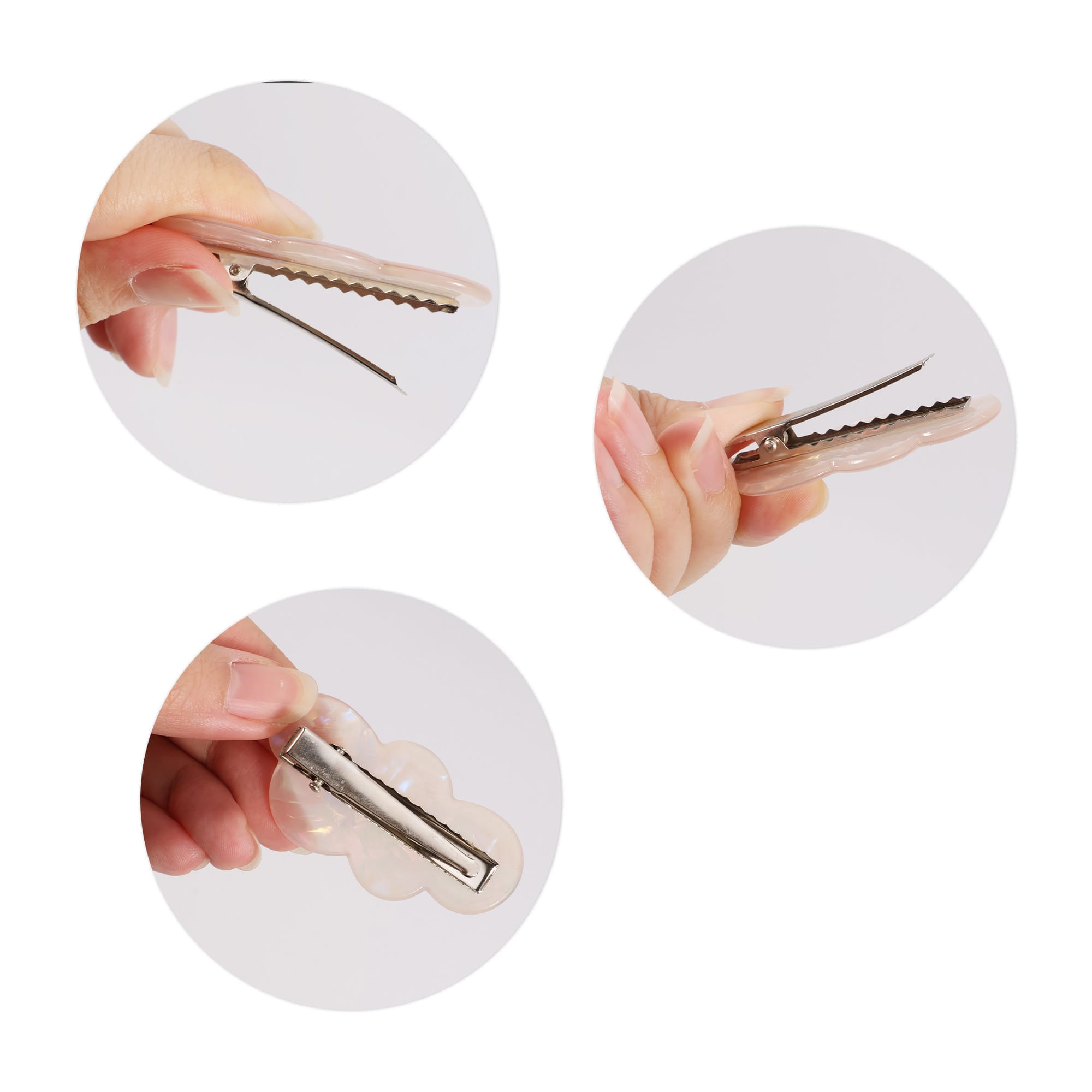 A cloud iridescent alligator hair clip in various angles, showcasing its shape and metal clasp.