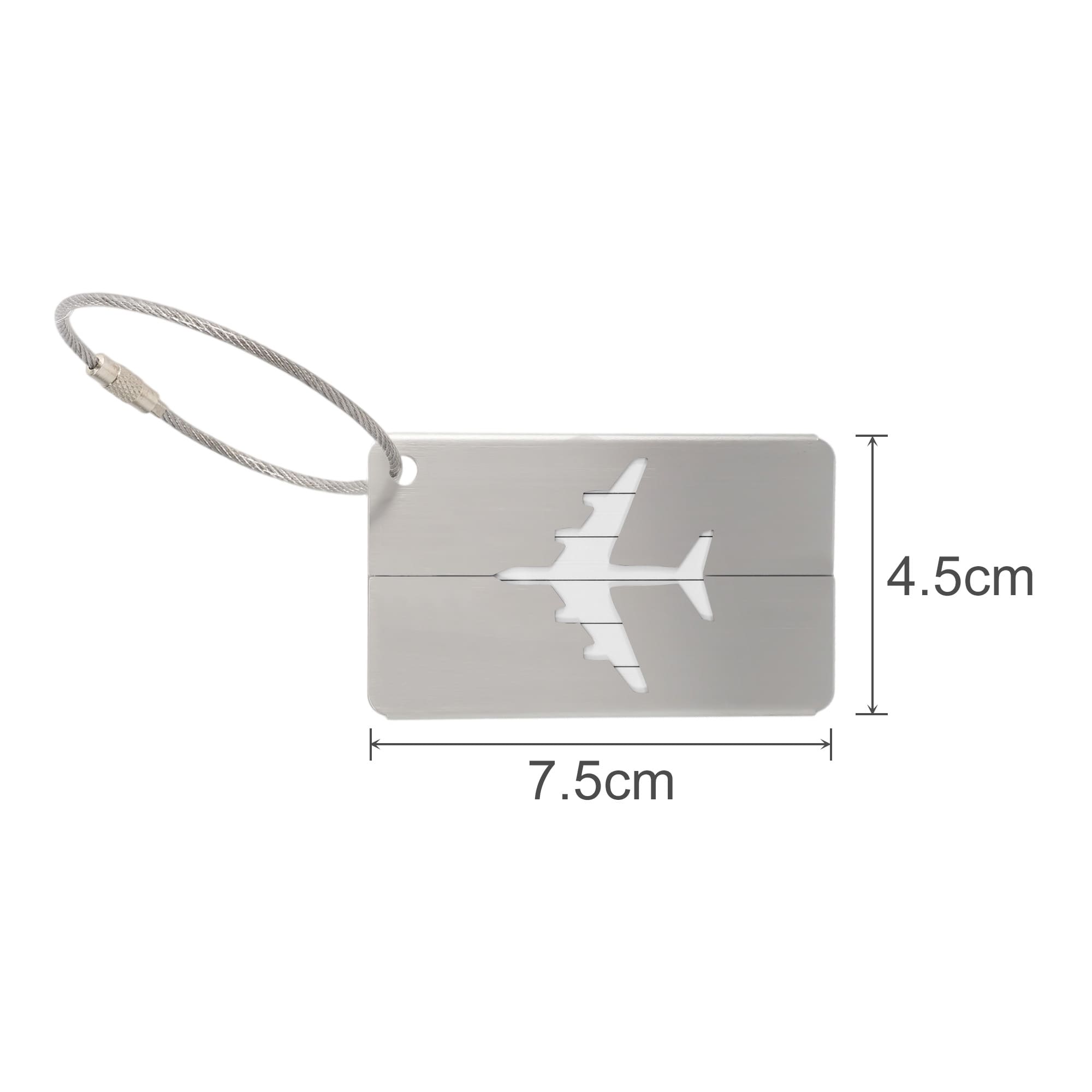 A silver luggage tag in the shape of an airplane with a wire attachment. Dimensions are 7.5 cm by 4.5 cm.