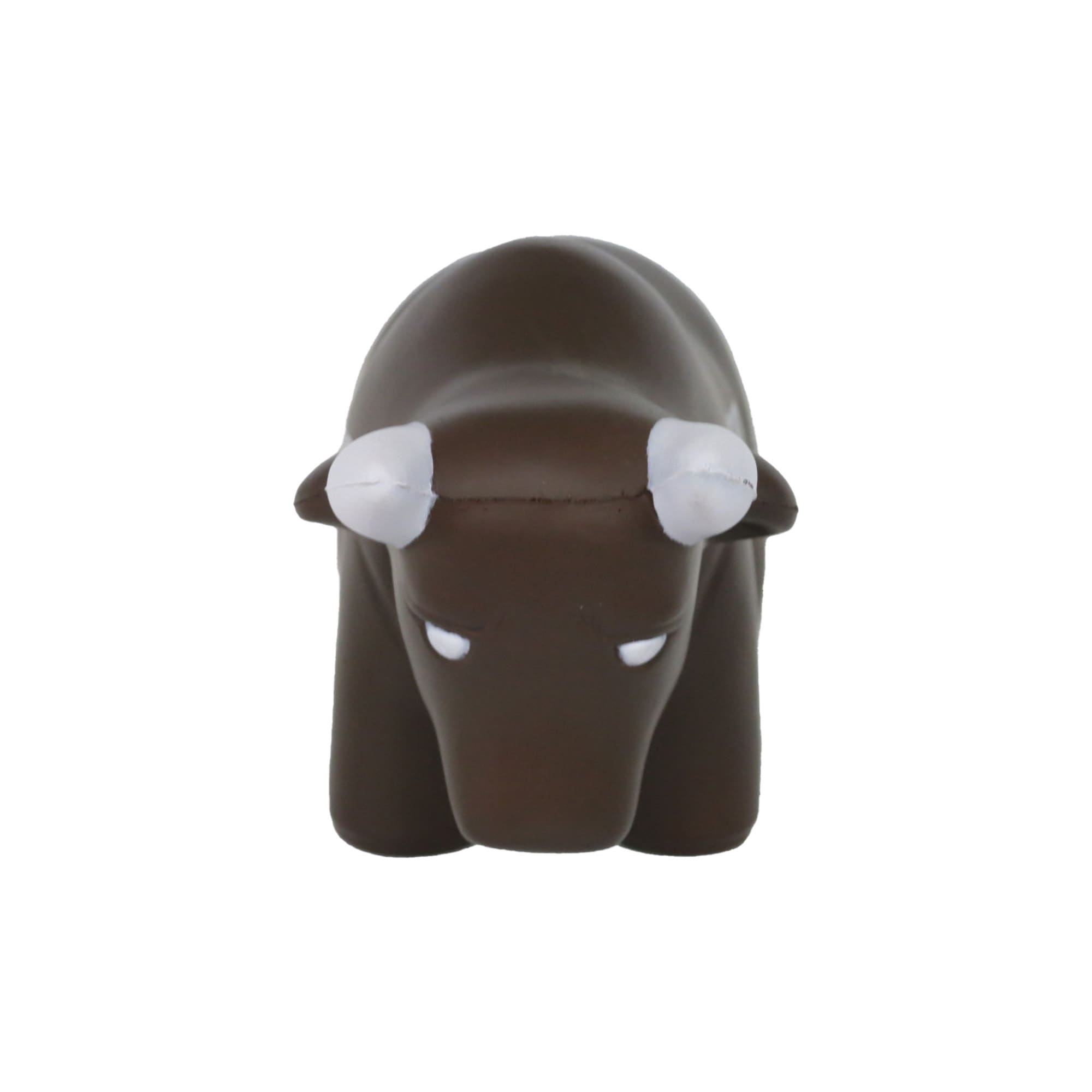 A brown bull-shaped stress reliever with white horns and minimal facial features. It has a smooth, rubbery texture.