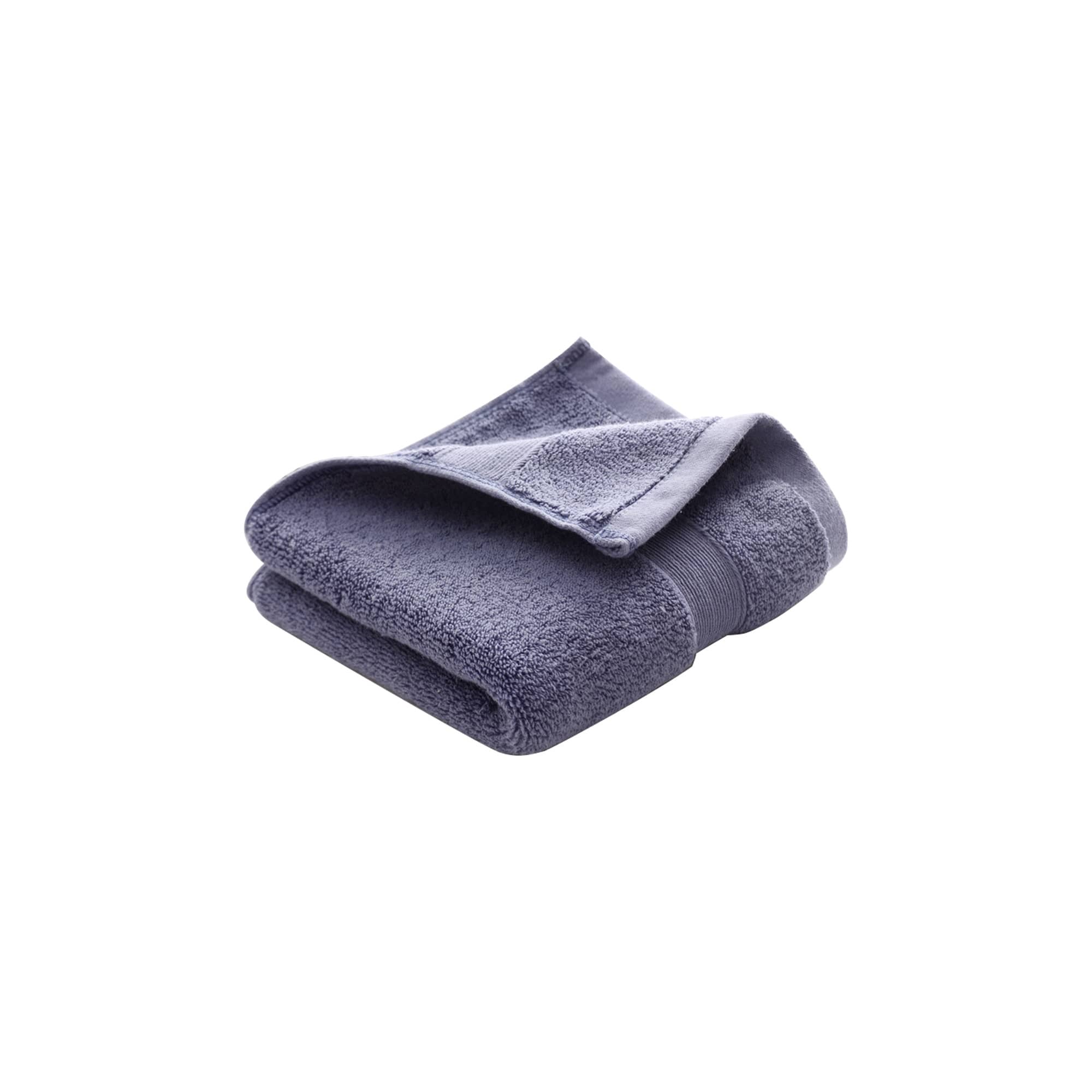 A folded embroidered cotton hand towel in a deep blue colour with a textured finish. Features a logo.