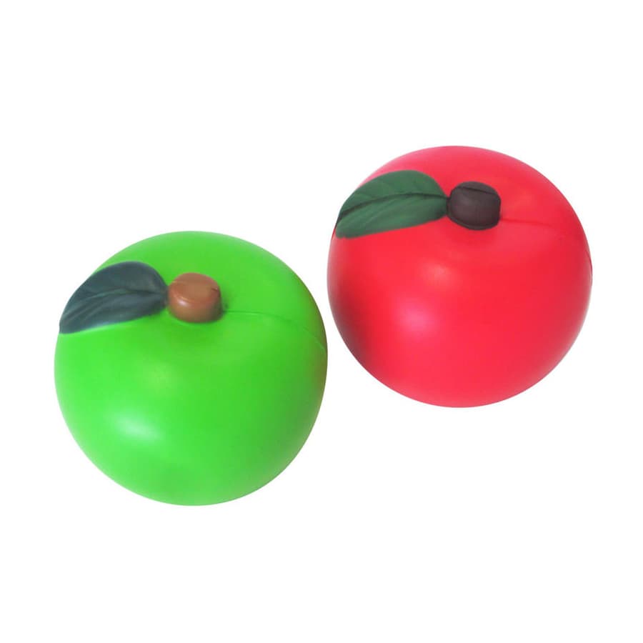 A red and a green apple-shaped stress reliever, both featuring a leaf and a stem design.