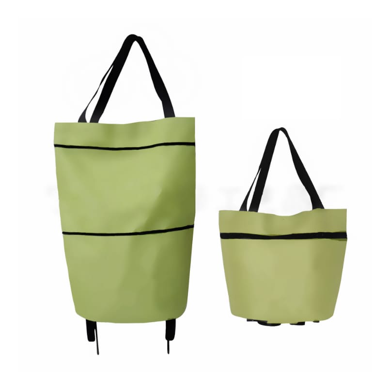 A light green collapsible shopping trolley bag with black straps, displayed in two different sizes.