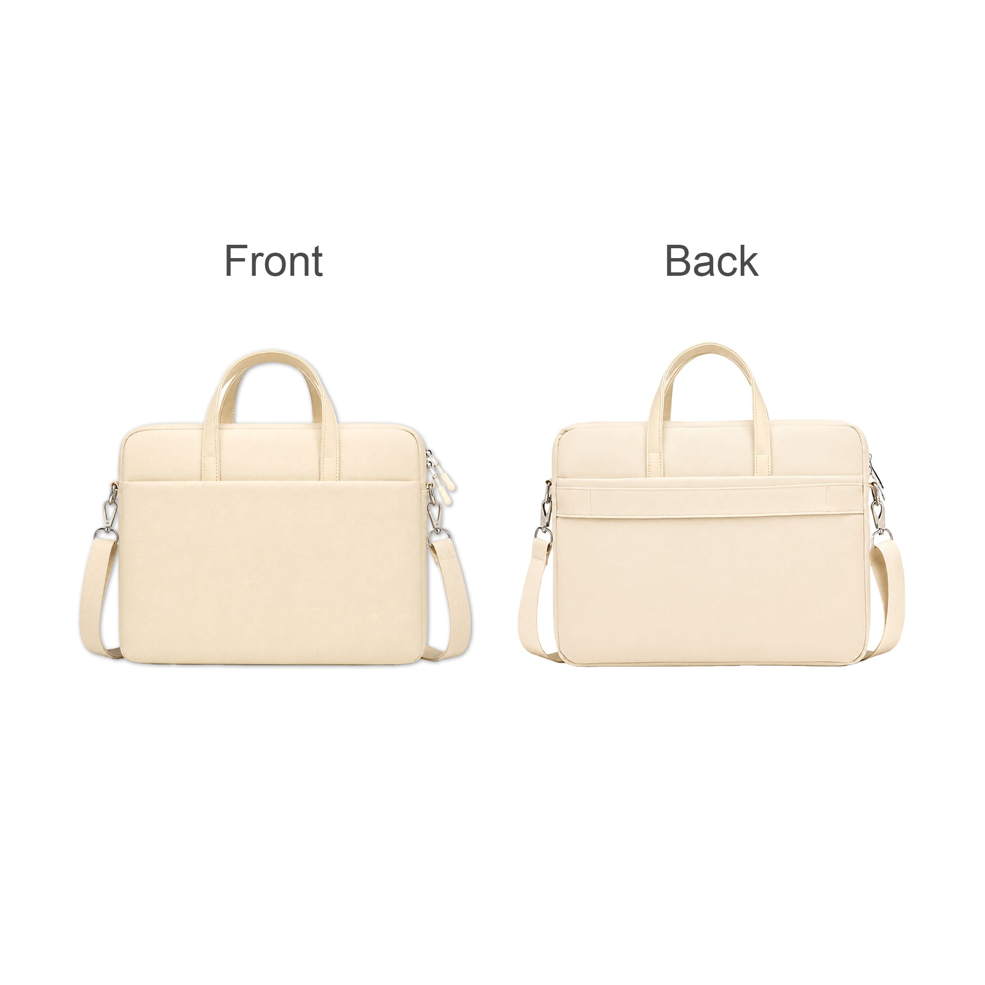 A cream laptop bag with handles, displaying the front and back views, featuring a logo.