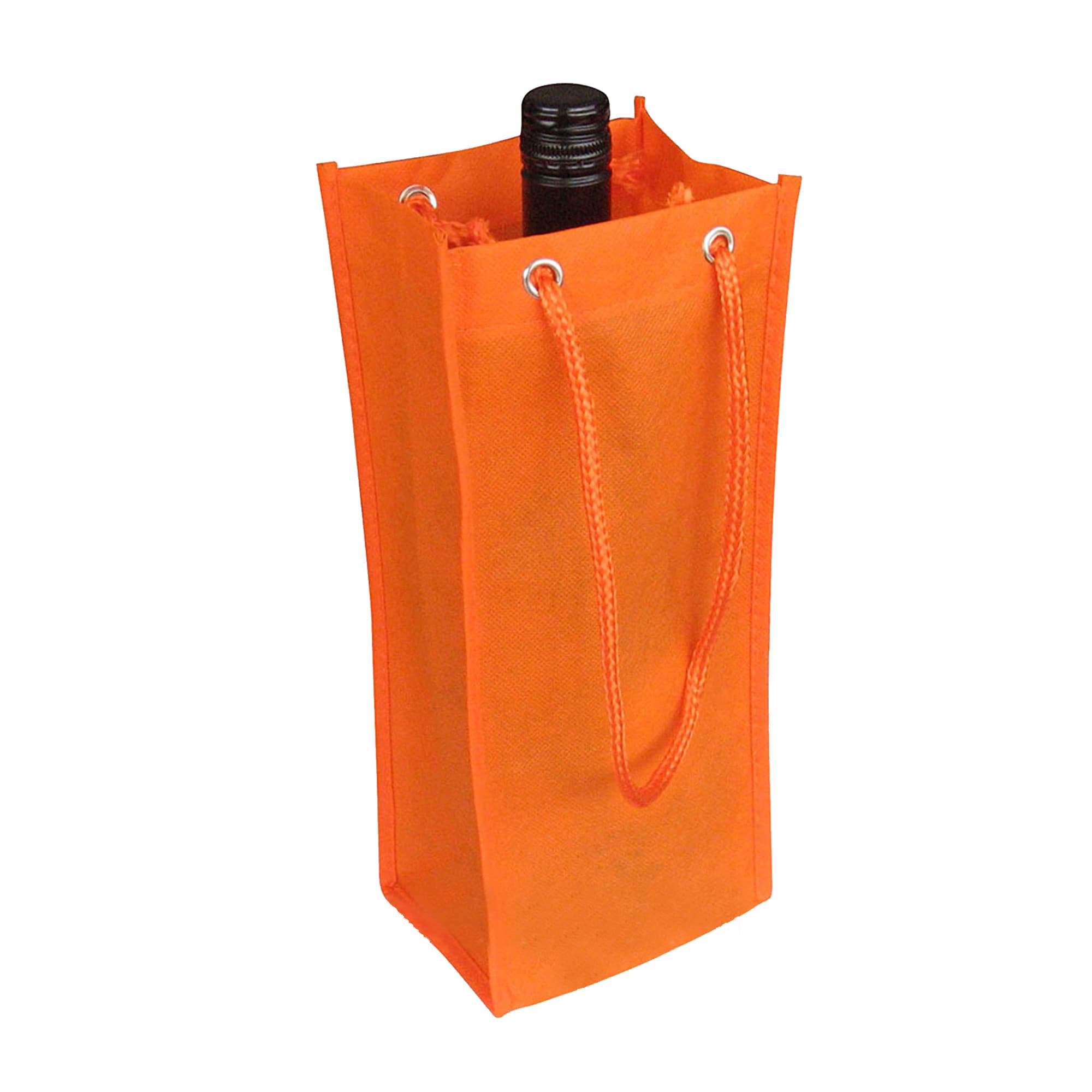 An orange non-woven single bottle bag with a rope handle, containing a drink bottle and featuring a logo.