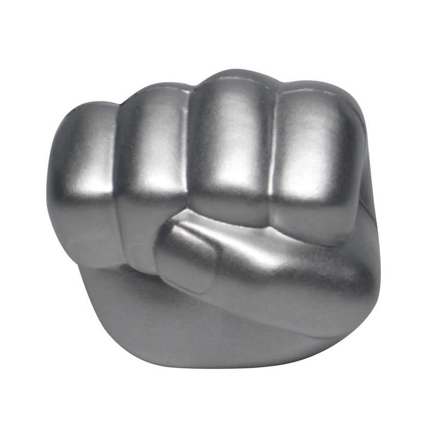 A silver clenched fist shaped stress reliever with a smooth finish, designed for stress relief.