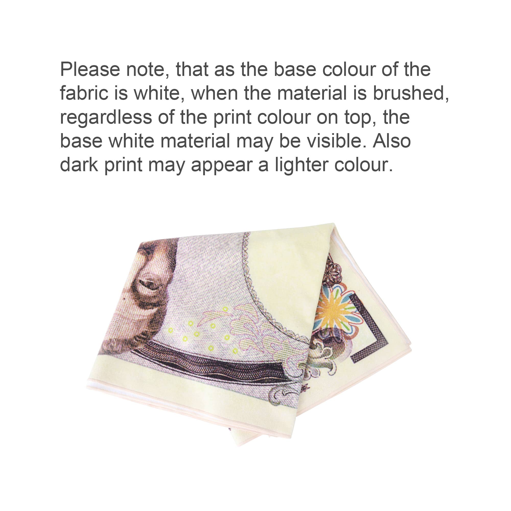 A folded beach towel featuring a white base with colourful prints. The fabric may show white when brushed.