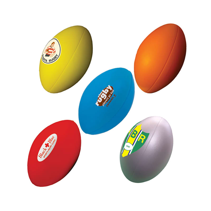 A collection of five stress balls in various colours, shaped like rugby balls, with different logos displayed.