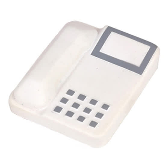 A white telephone-shaped stress reliever with grey detailing, designed as a fun keyring.