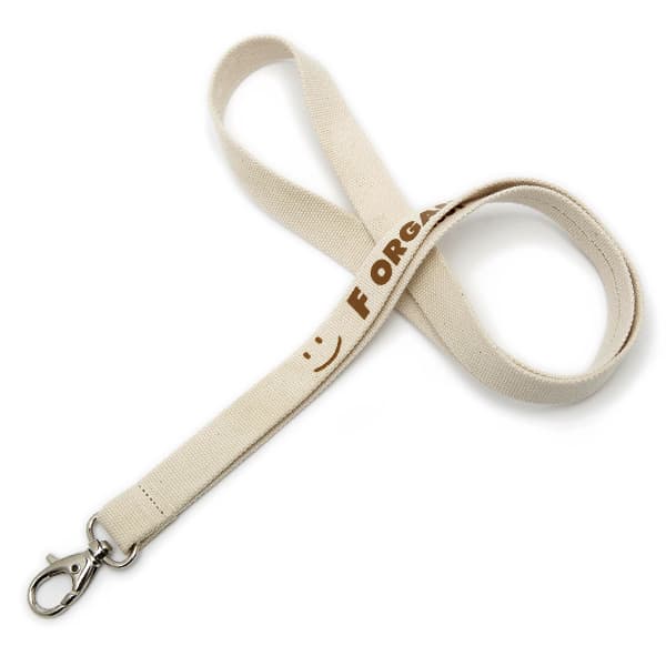 A cotton lanyard in beige with a metal clip and a logo printed on it.