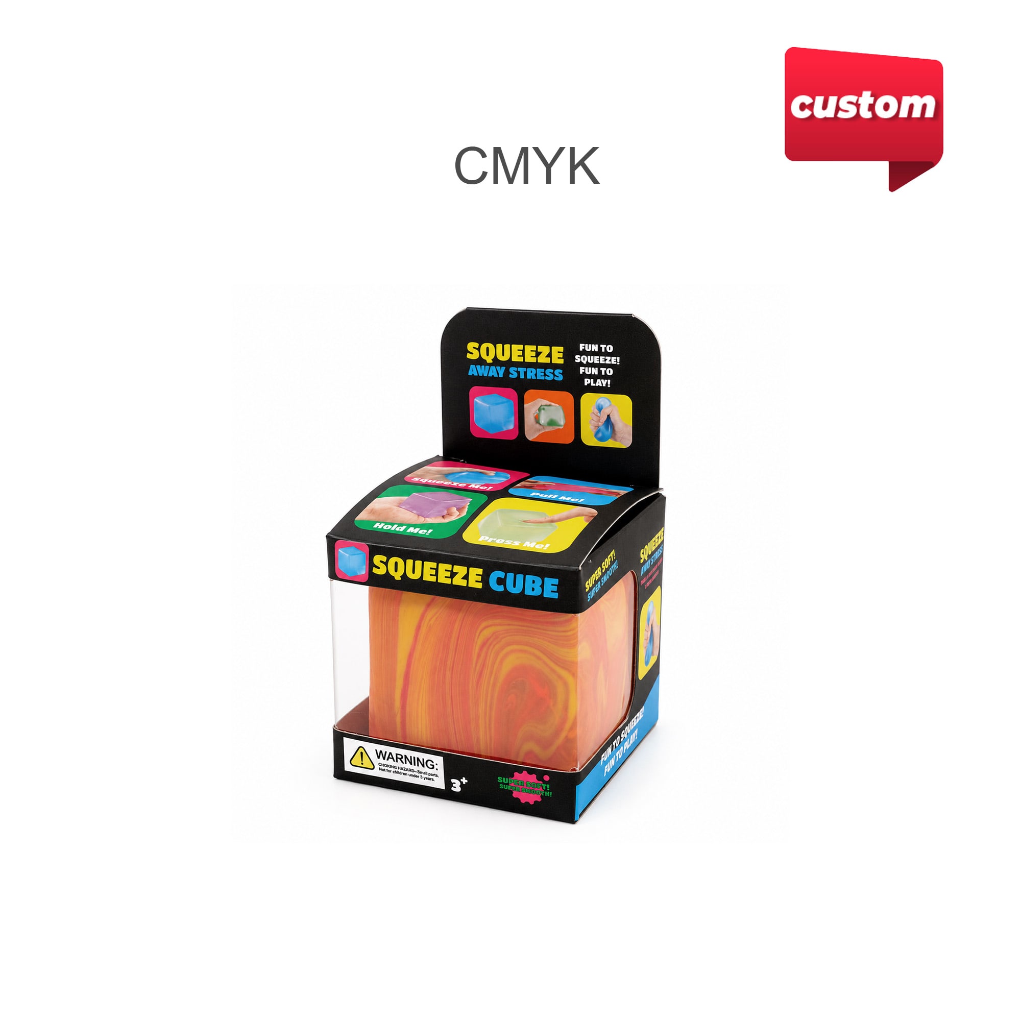 A colourful squishy stress relief cube displayed in a clear box with a logo on the packaging.
