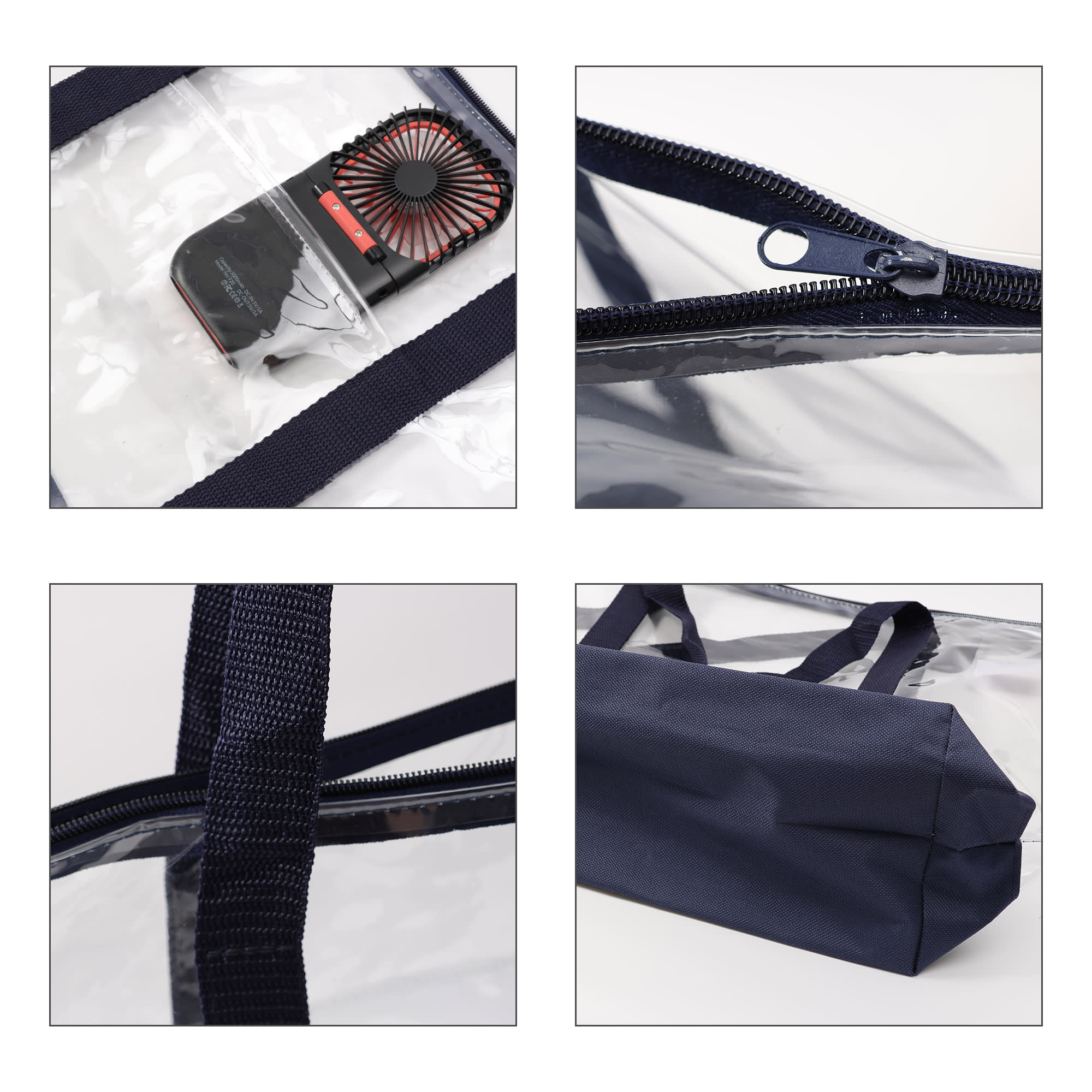 A clear zippered tote bag with dark blue handles, containing a small fan and a section view of its base.