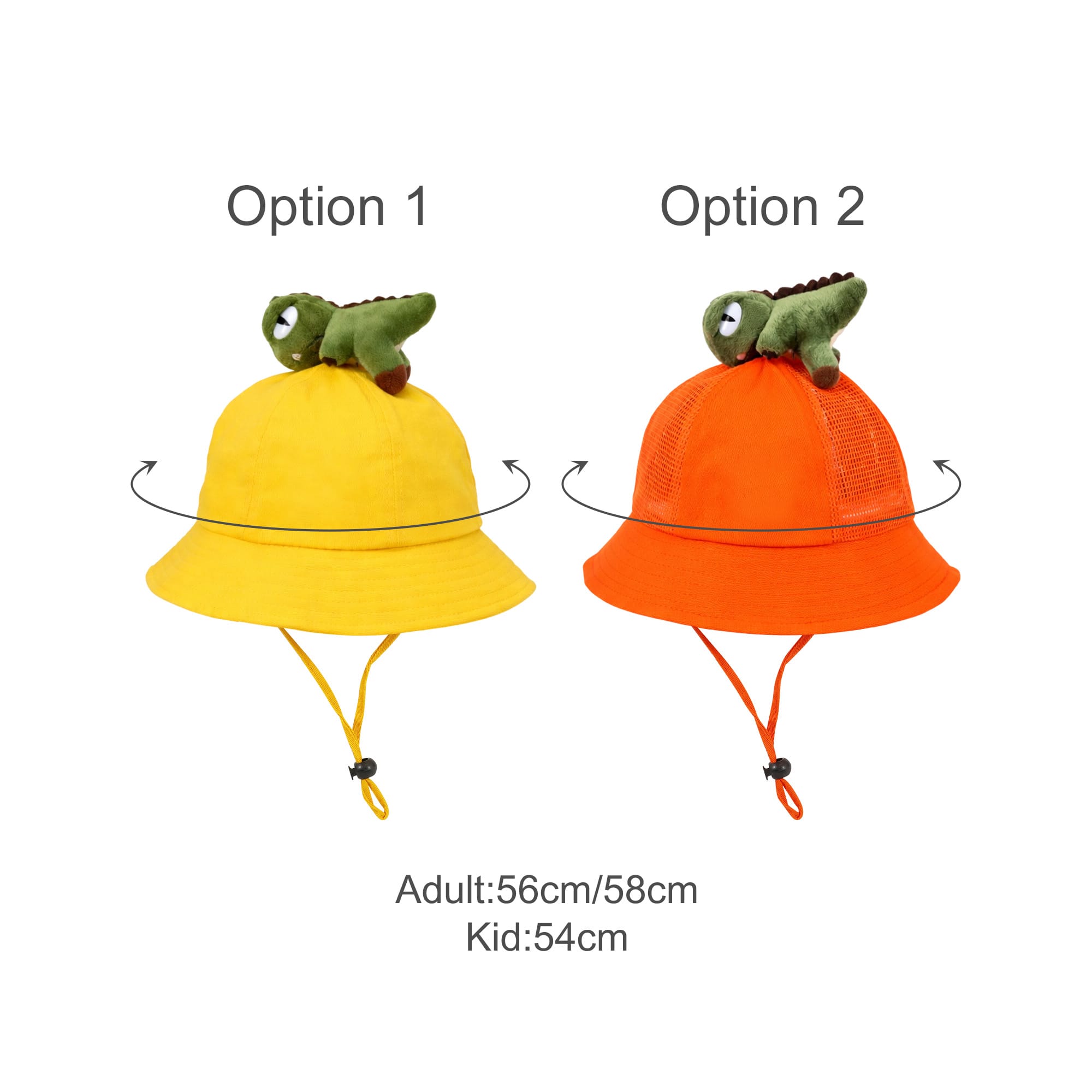 A yellow bucket hat with a dinosaur plush and an orange bucket hat with a dinosaur plush. Both have adjustable straps.