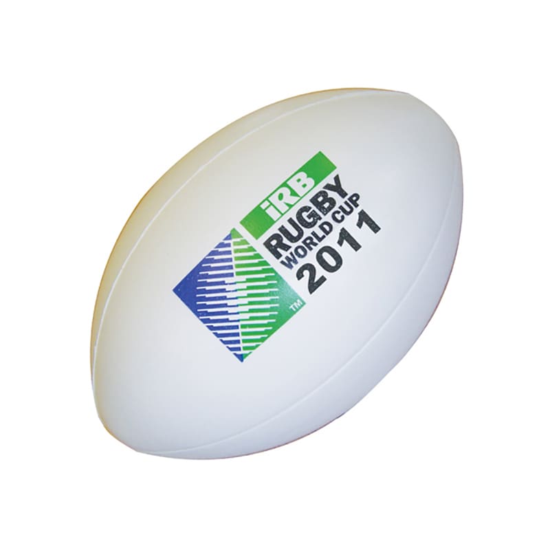 A white rugby ball stress reliever with a logo and colours related to the Rugby World Cup 2011.