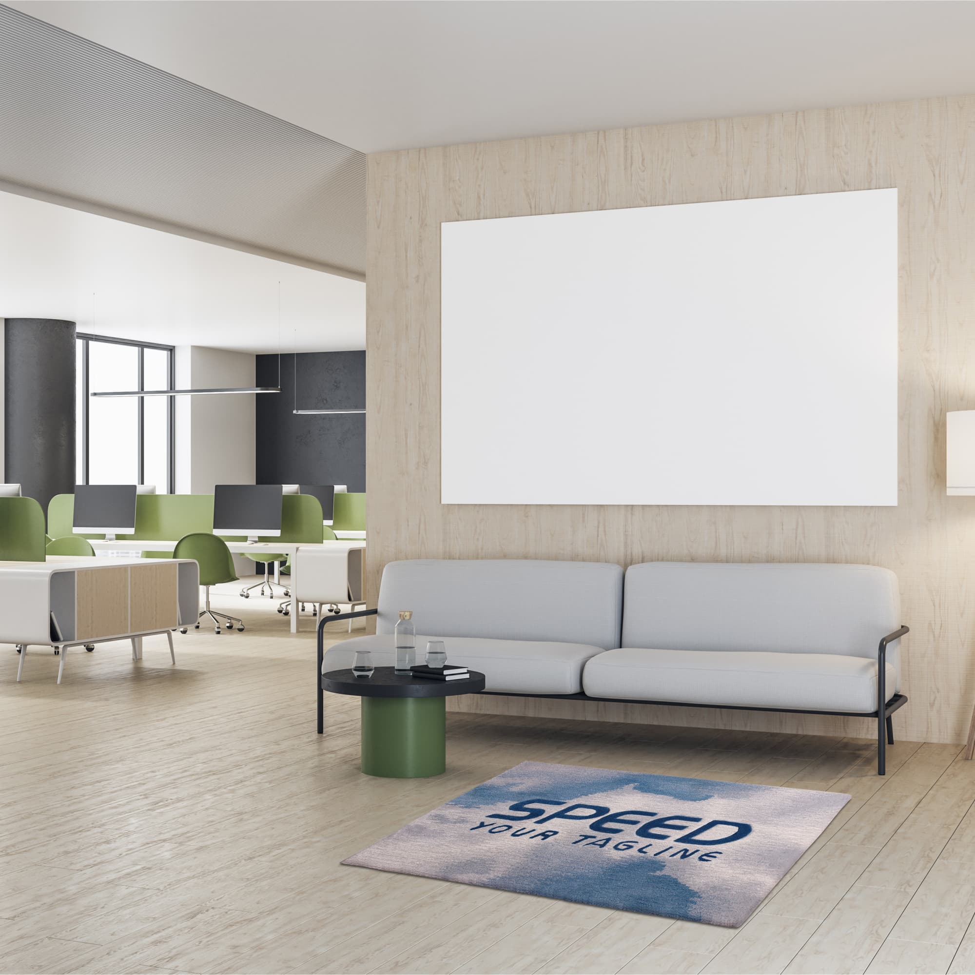 Acrylic fibre logo mat in grey tones features a logo, placed in a modern office setting with a neutral palette.