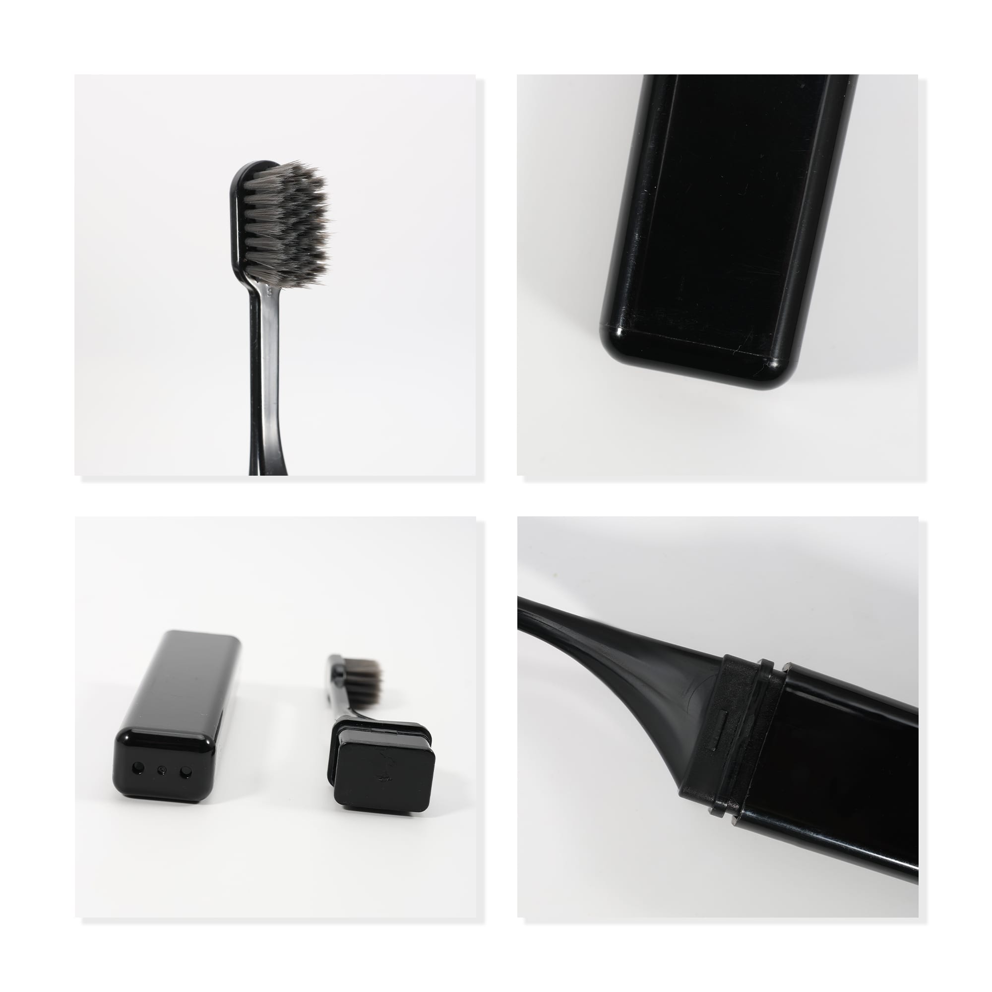 A foldable travel toothbrush in black, featuring a compact case and bristle head in multiple angles.