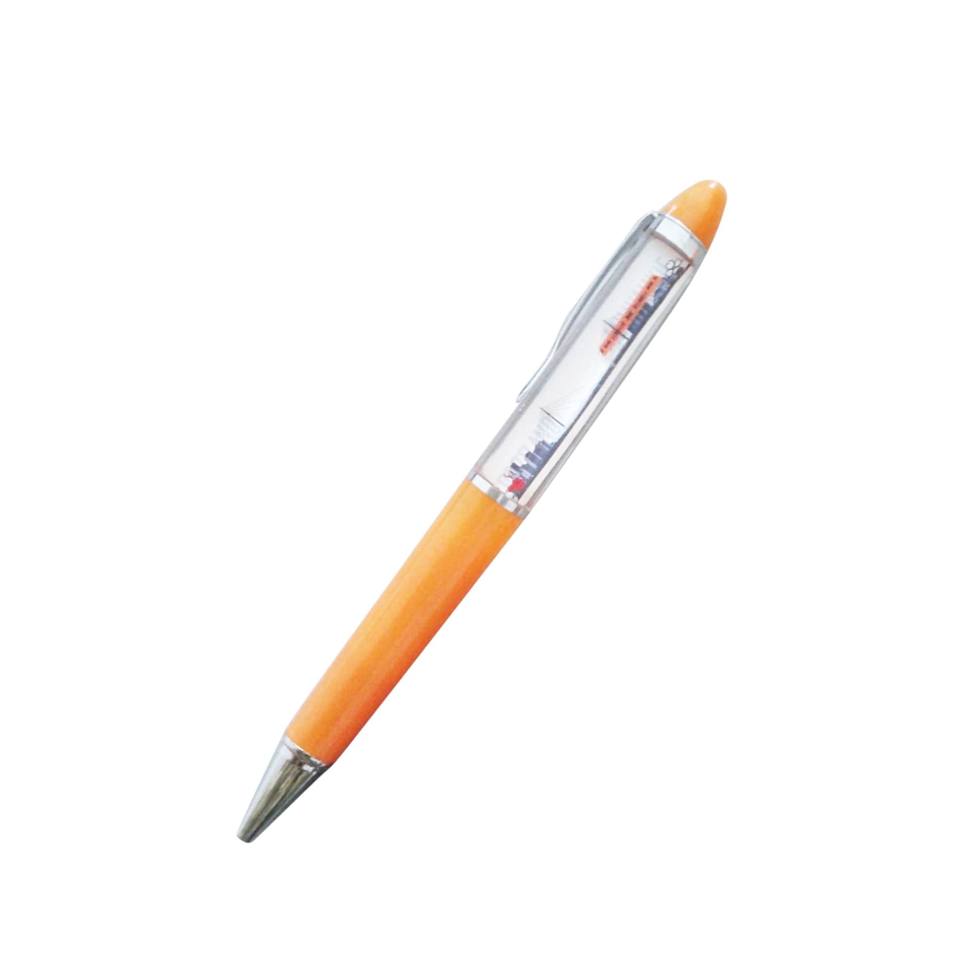 An orange plastic pen with a transparent barrel and silver accents, featuring a visible logo.