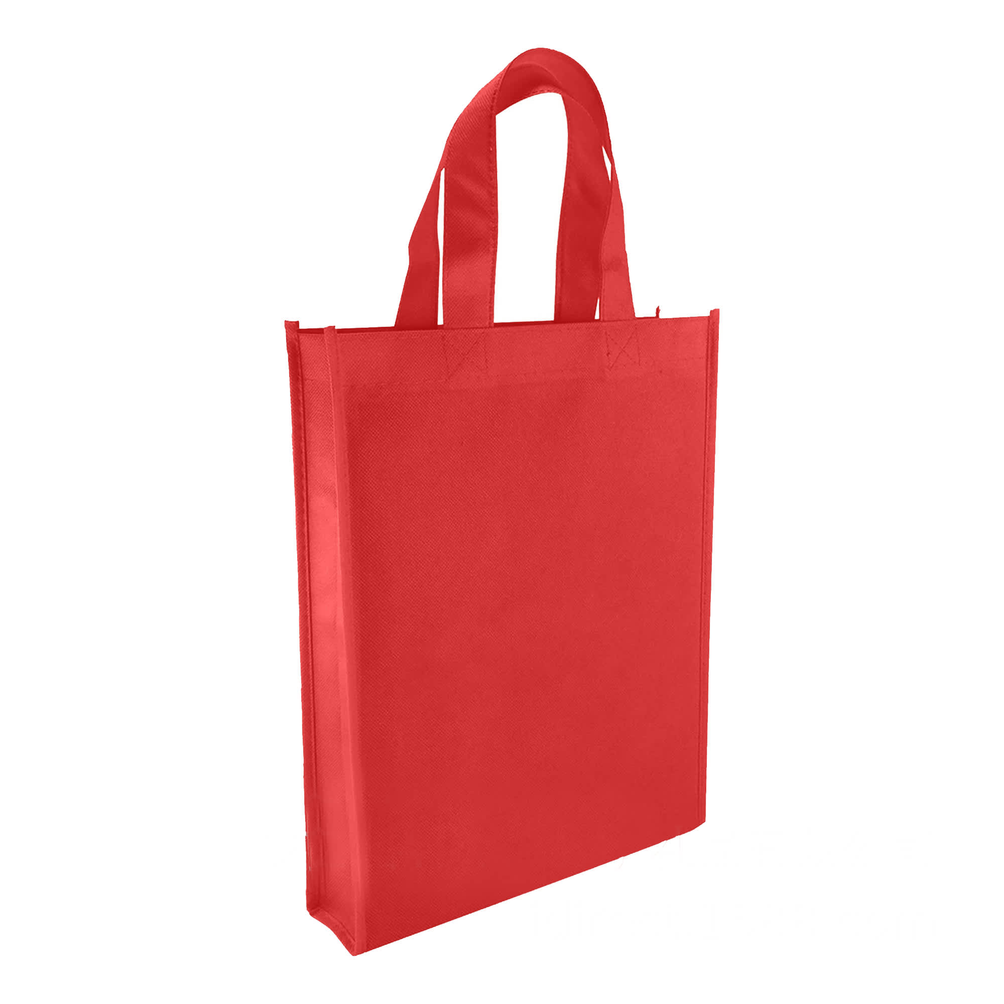 A red non-woven trade show bag with two sturdy handles and a simple design. It features a logo on one side.