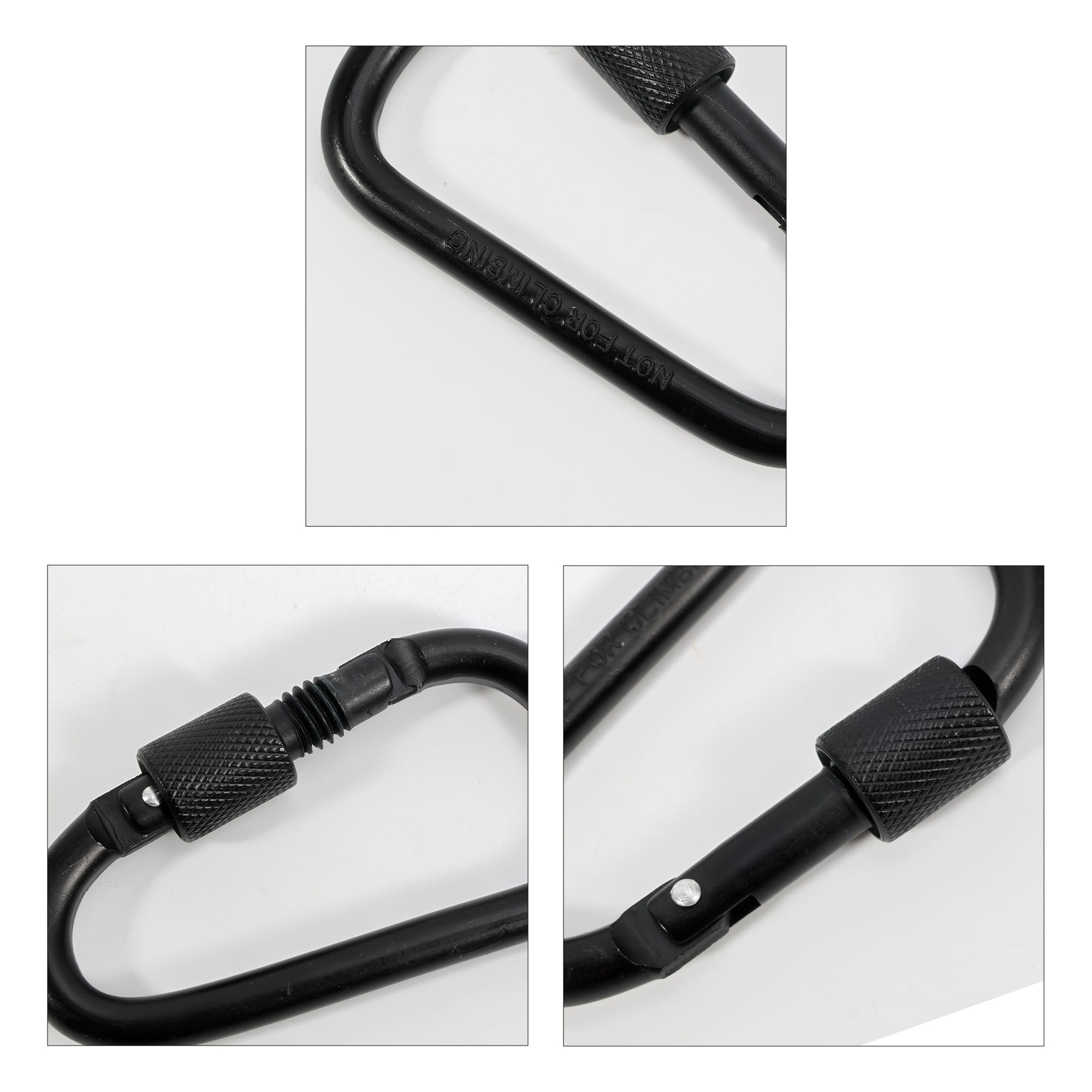 A black D-shaped screw lock keychain with a textured grip and a locking mechanism. Features a logo on the side.