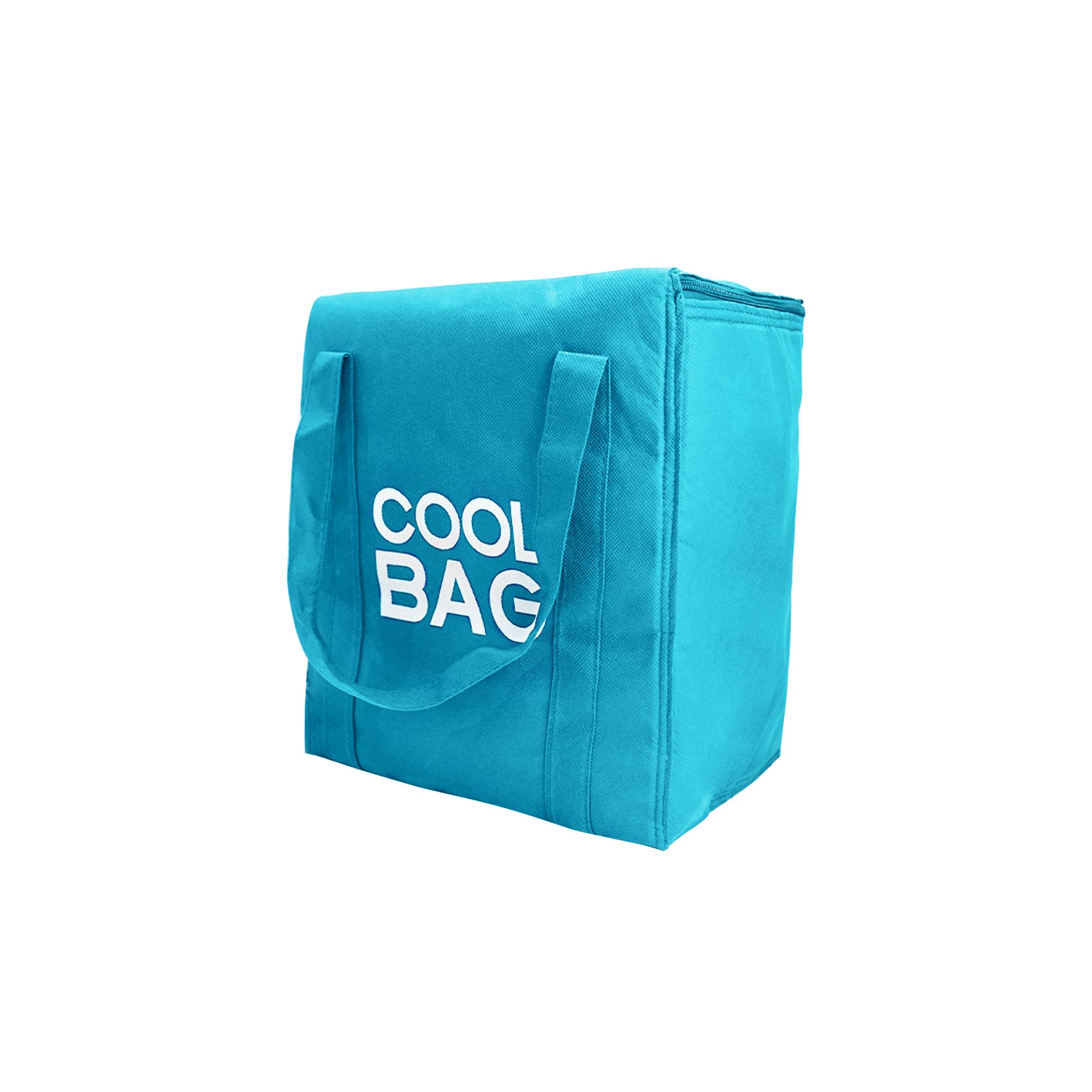 A teal non-woven cooler bag with two sturdy handles and a logo printed on the front.