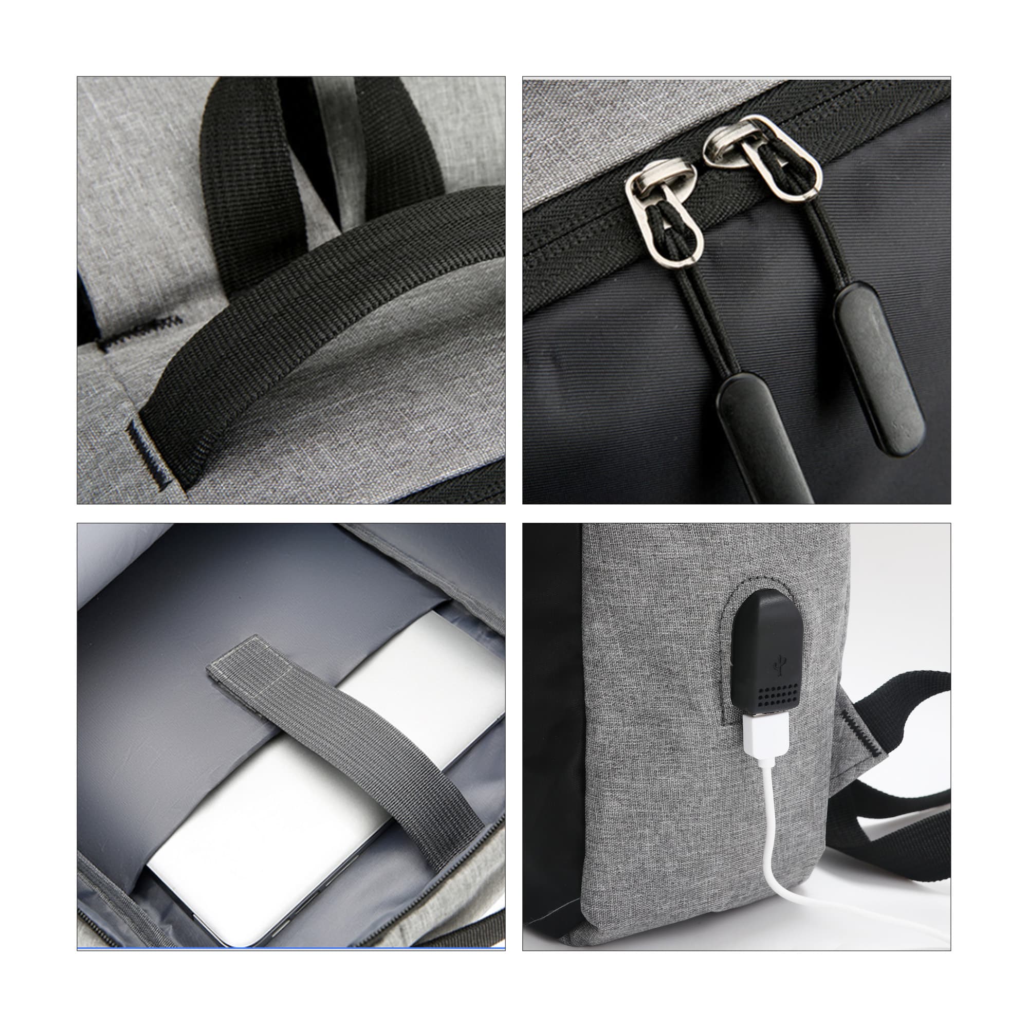 A grey laptop backpack with black accents features dual zippers, a USB charging port, and a padded compartment for a laptop.