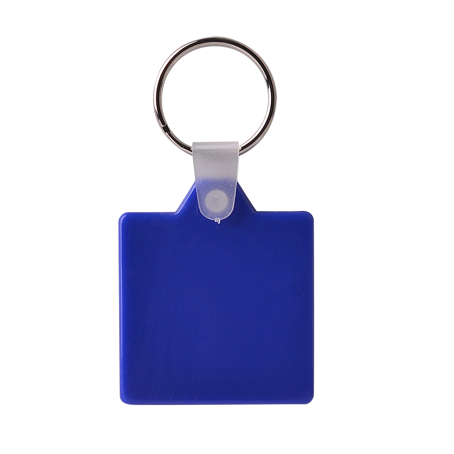 A square hard plastic keyring in blue with a silver metal ring attachment.