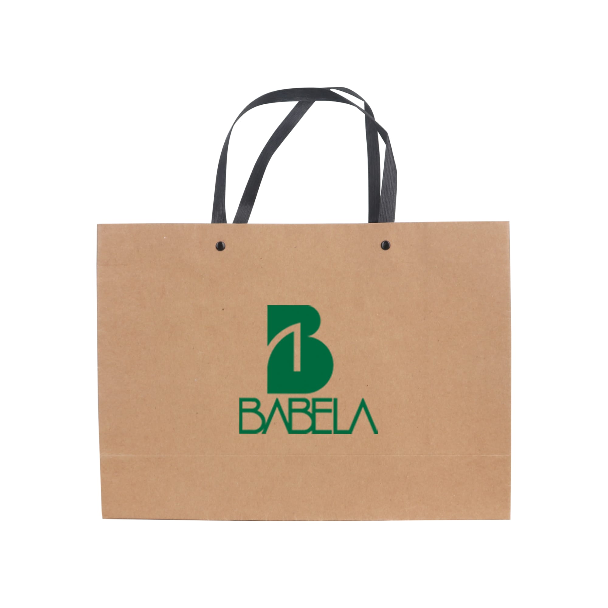 A large brown paper bag with a knitted black handle and a logo on the front.