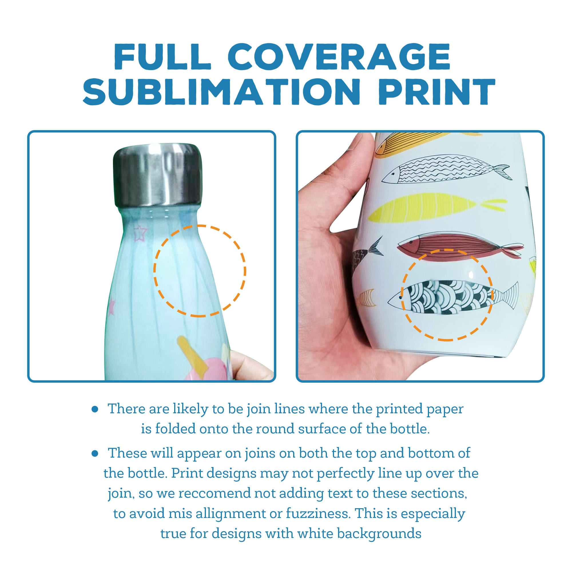 A drink bottle featuring a vibrant fish design, made of stainless steel with a double wall, and a logo on the cap.