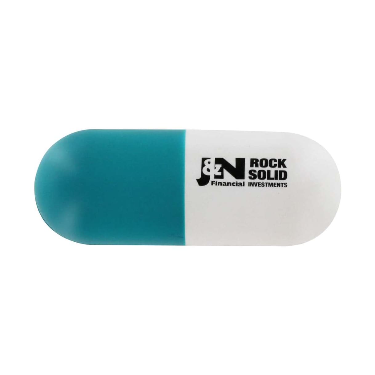 A capsule-shaped stress reliever in teal and white, featuring a logo on the surface.