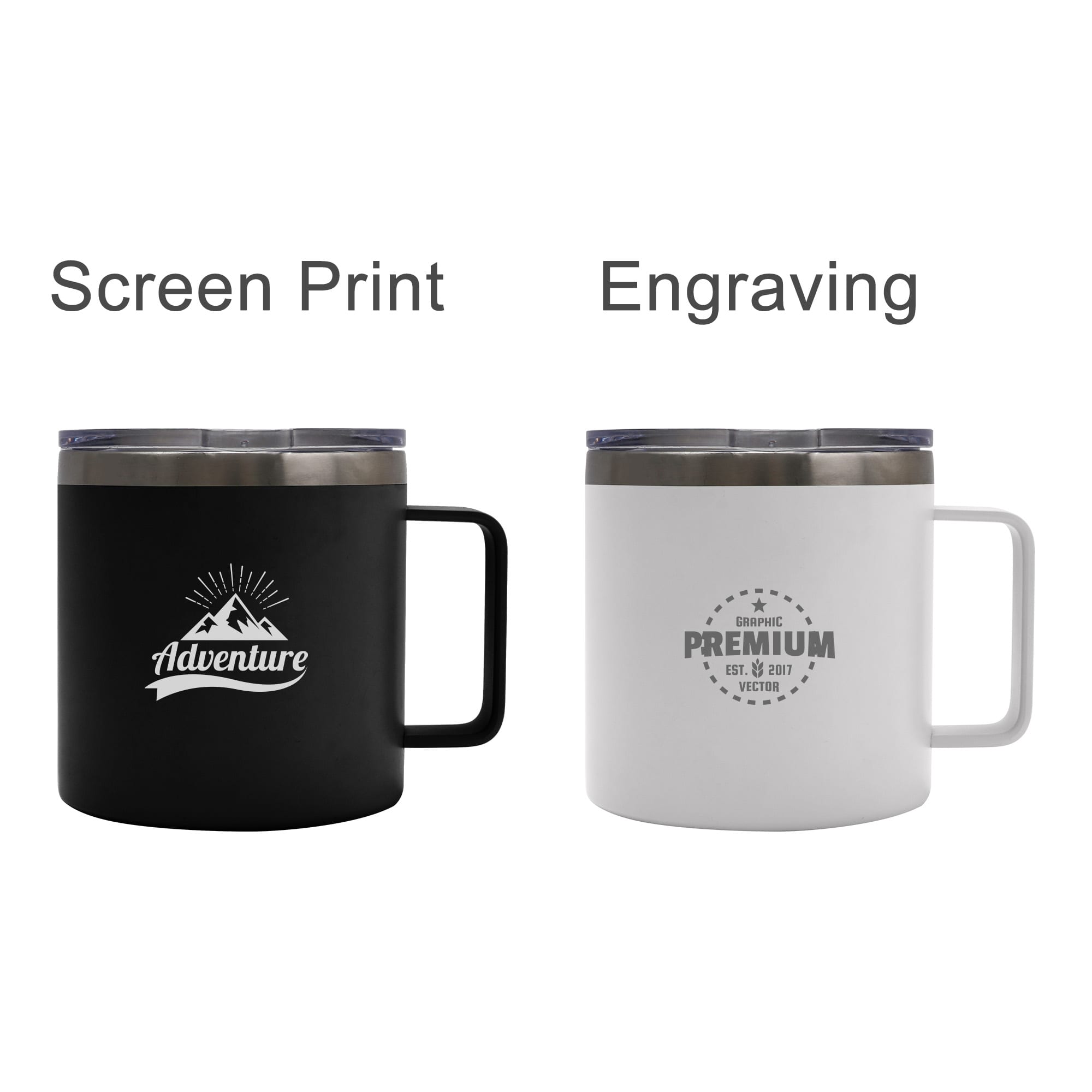 A drink bottle featuring a black mug with a logo and a white mug with engraved text. Both have handles and a metallic lid.