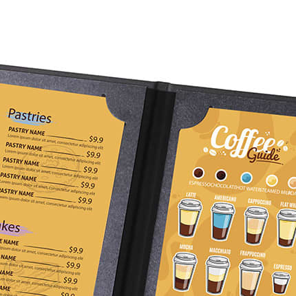 A black menu cover featuring a vibrant yellow coffee guide and a list of pastries with prices.