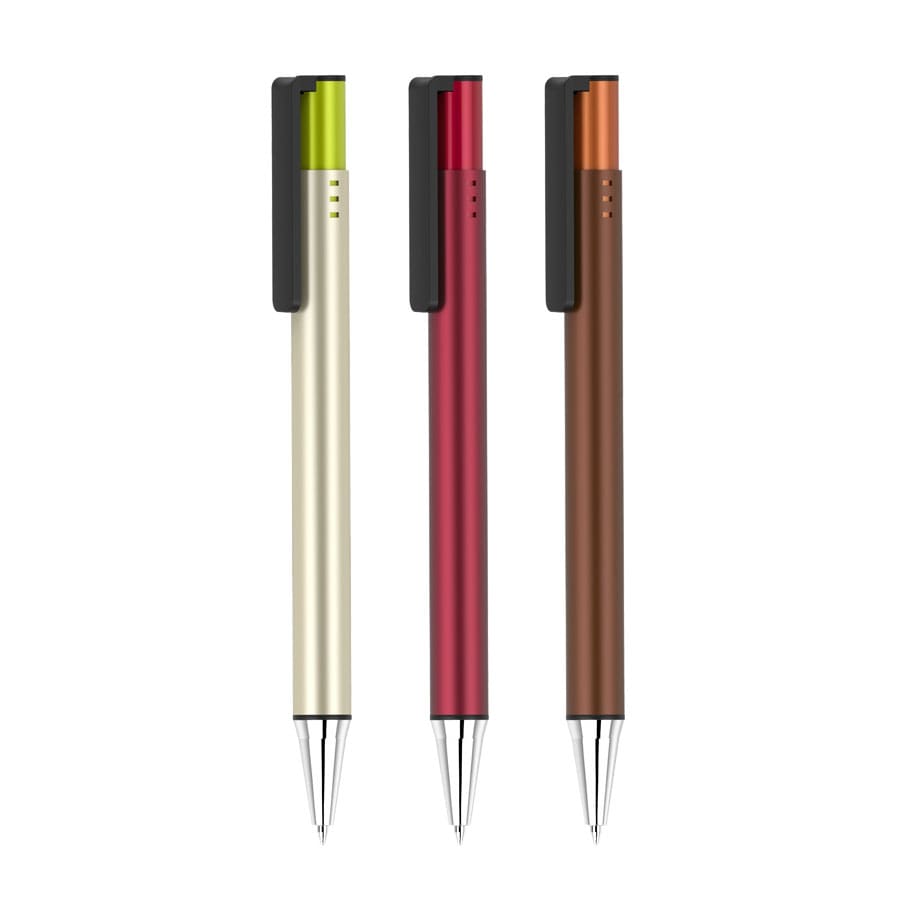 Three pens in silver, red, and brown, featuring sleek designs and clips. The pens have a branding logo on one side.