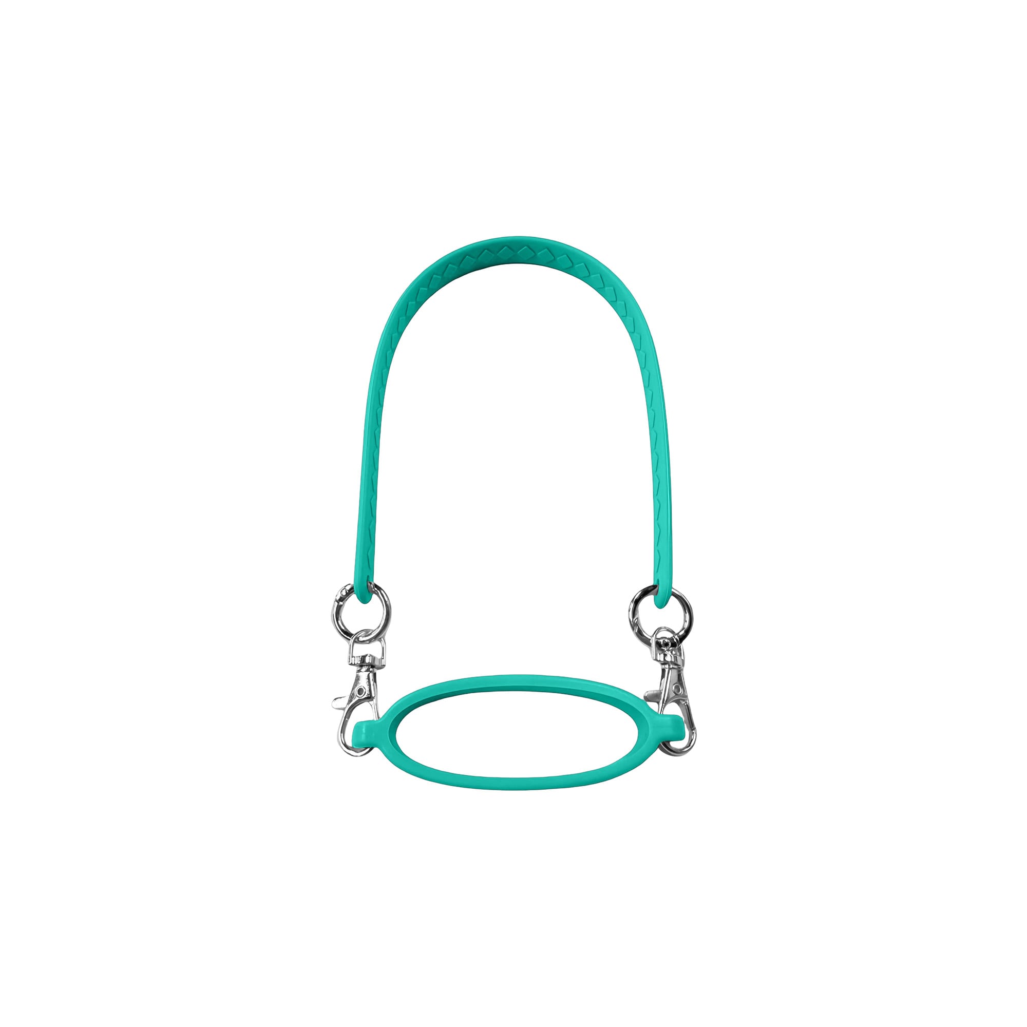 A drink bottle strap in teal silicone with clips on both ends for attachment.