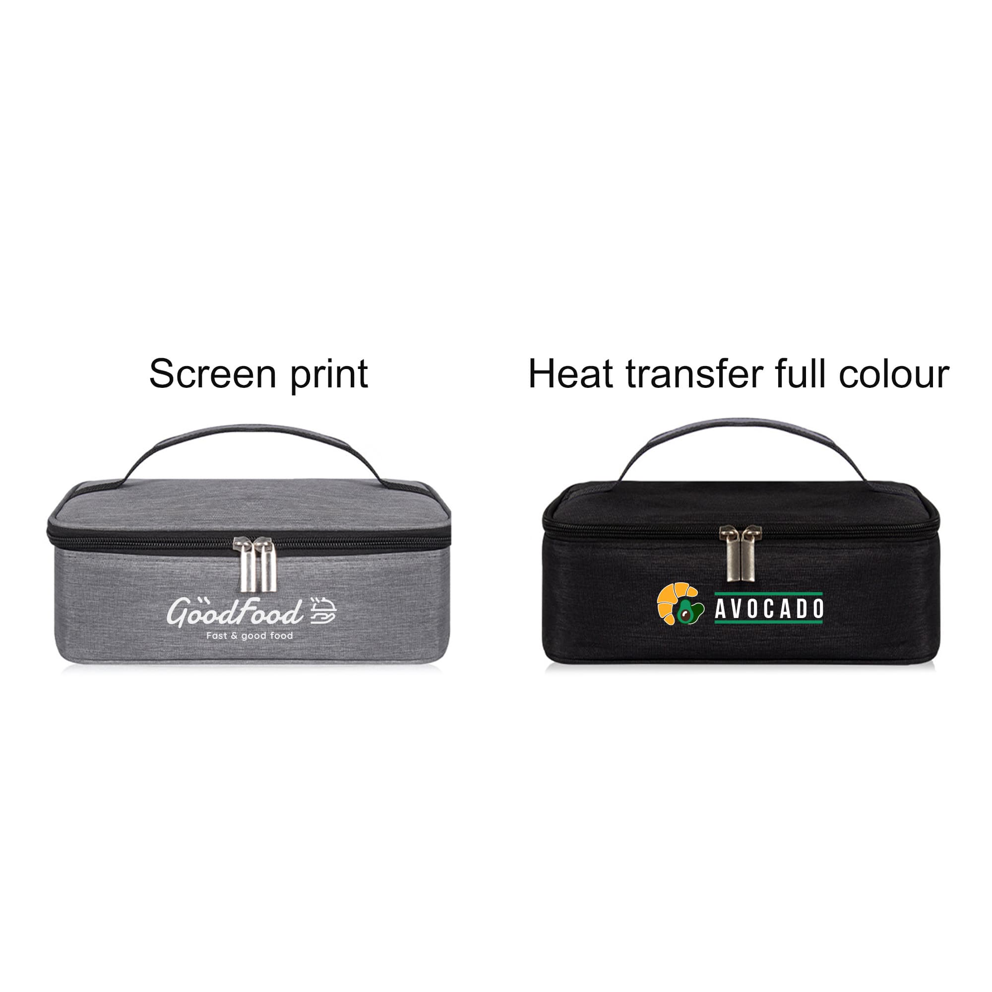 A grey and a black portable thermal insulated lunch bag with handles and logos displayed on the front.