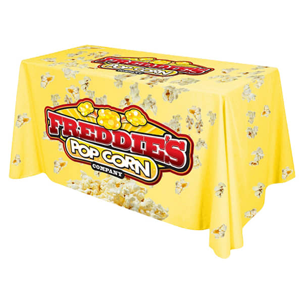 A yellow 4-sided tablecloth featuring a popcorn theme and a logo, suitable for a table display.