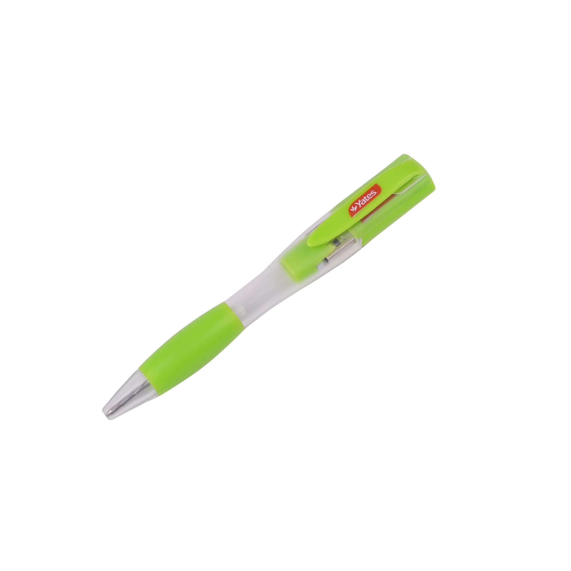 A green ballpoint pen with a transparent barrel, featuring a branding logo on the clip.