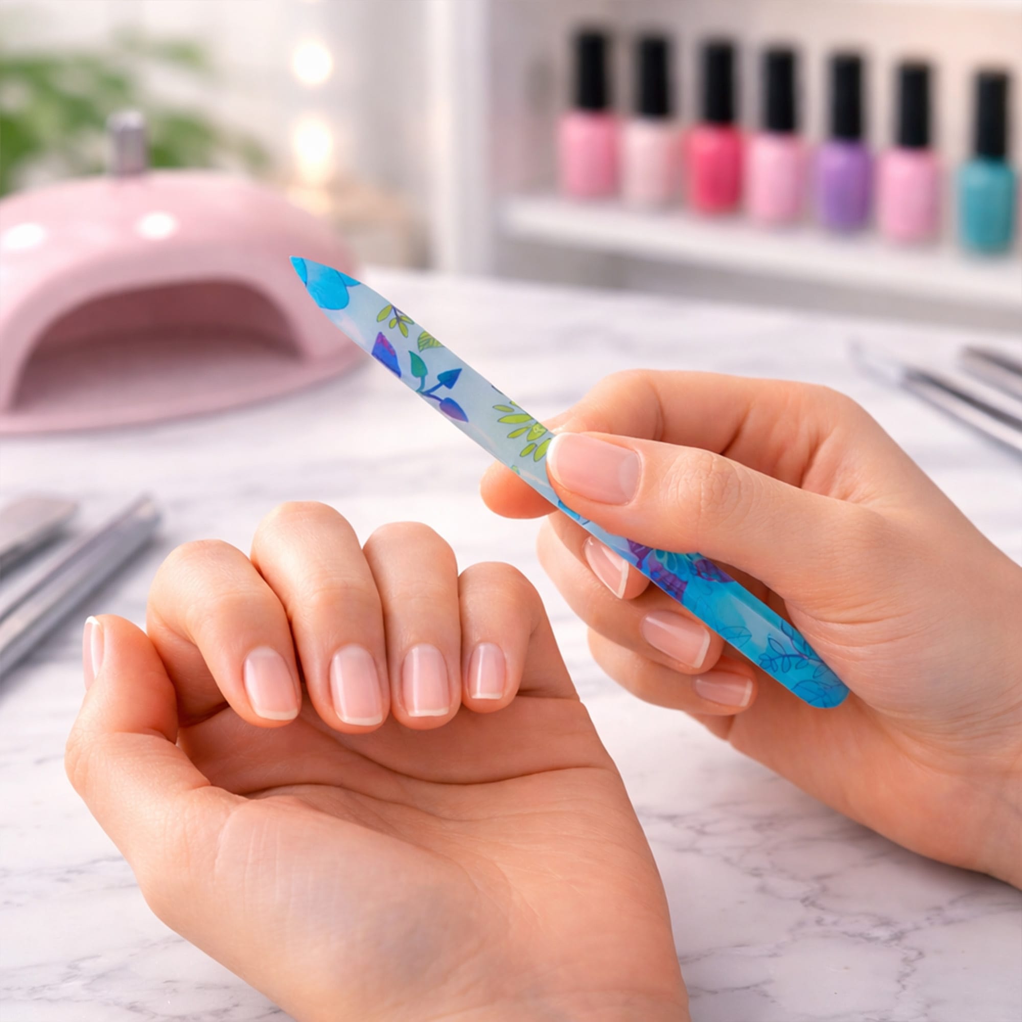 A crystal glass nail file with a floral design held between fingers, alongside neatly manicured nails and nail polish bottles.