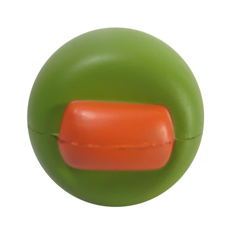 A green olive-shaped stress reliever featuring an orange accent, with a smooth texture and rounded design.