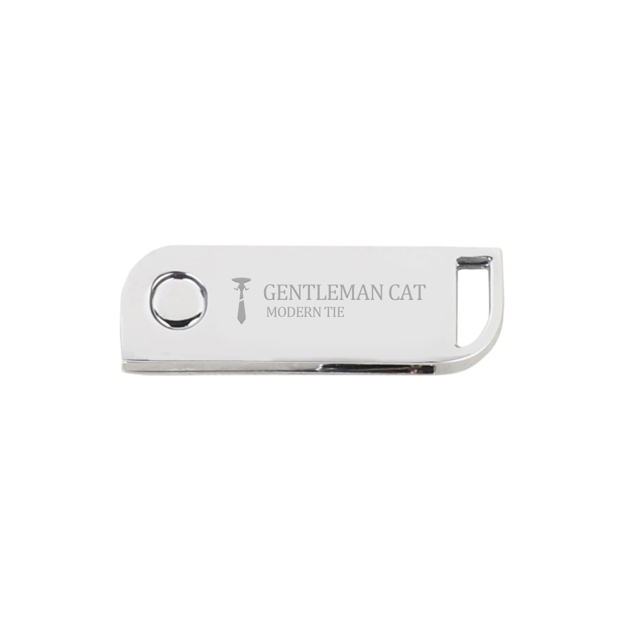 A metallic swivel flash drive with a sleek design, featuring a logo on one side.