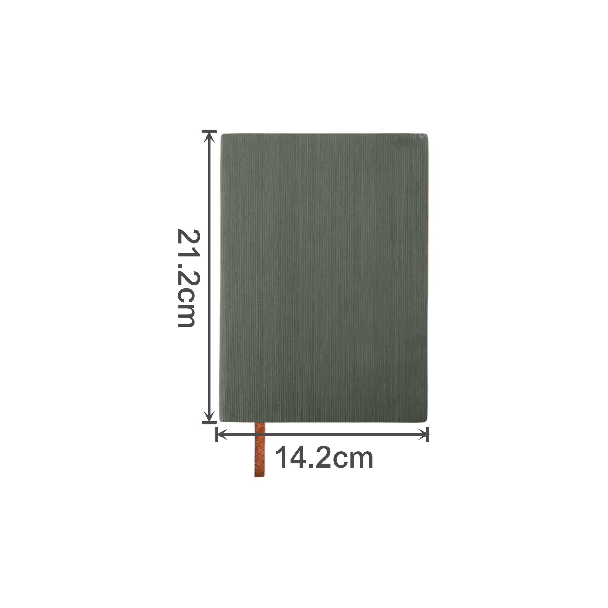 A green PU leather notebook with a textured surface and a brown bookmark, sized 21.2cm by 14.2cm.
