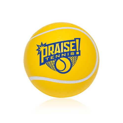 A yellow tennis-shaped stress reliever featuring a logo. The ball has white markings typical of tennis balls.