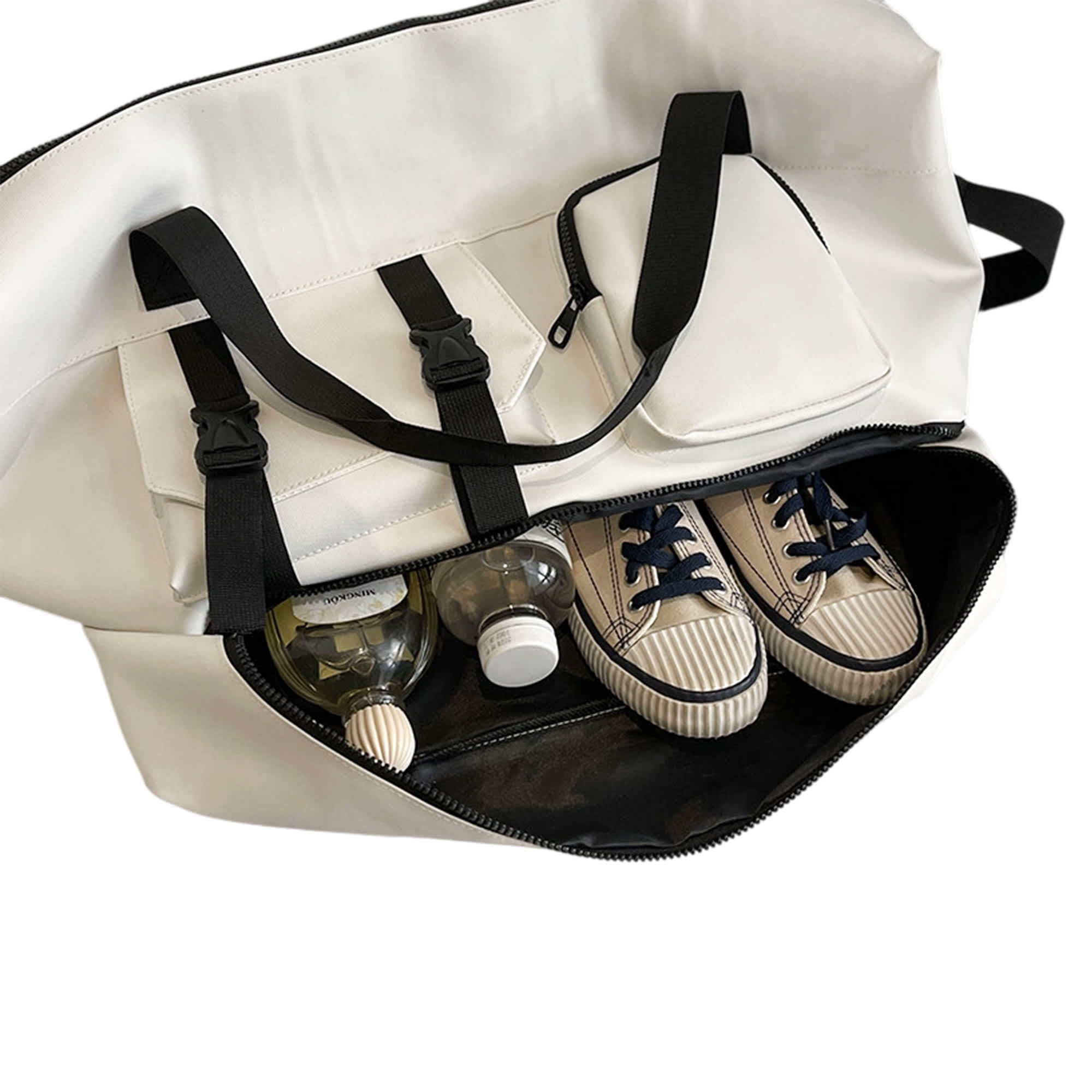 A white travel weekender bag with black straps, featuring sneakers and drink bottles inside. It has a pocket on the side.
