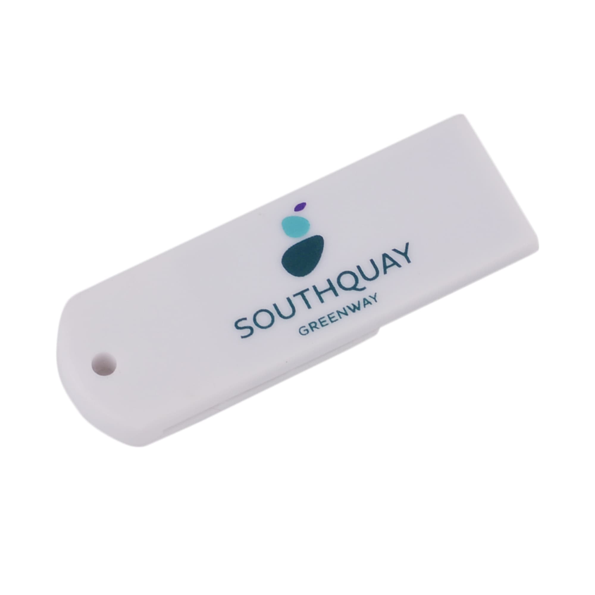 A white paper clip flash drive featuring a logo, designed for data storage and transfer.