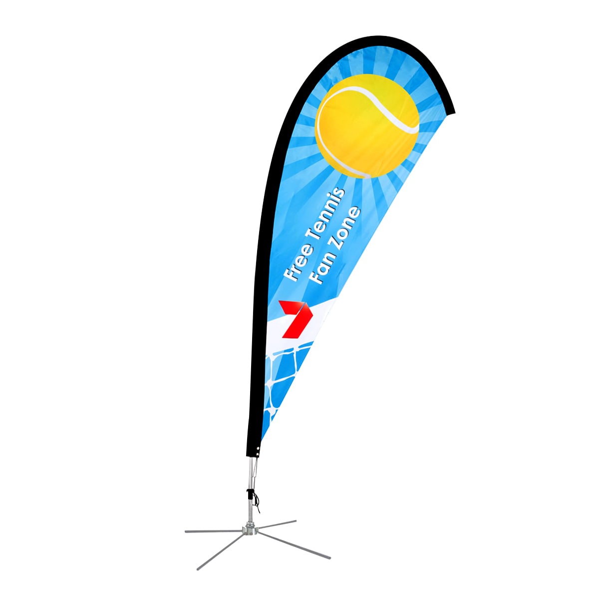 A large teardrop banner featuring a tennis theme, predominantly blue with a yellow sun, on a silver stand.