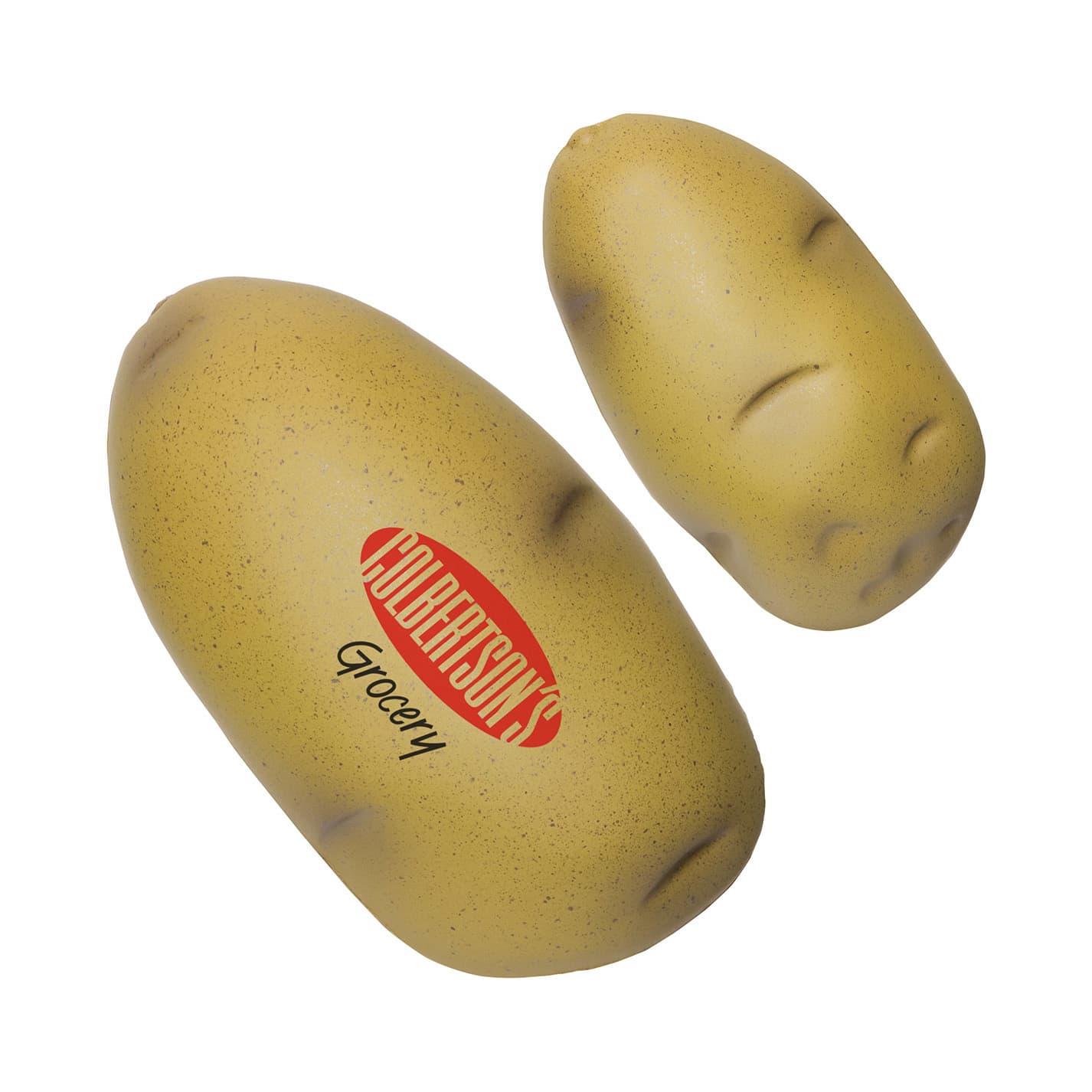 A potato-shaped stress reliever in yellow with a logo, featuring two distinct potato shapes.