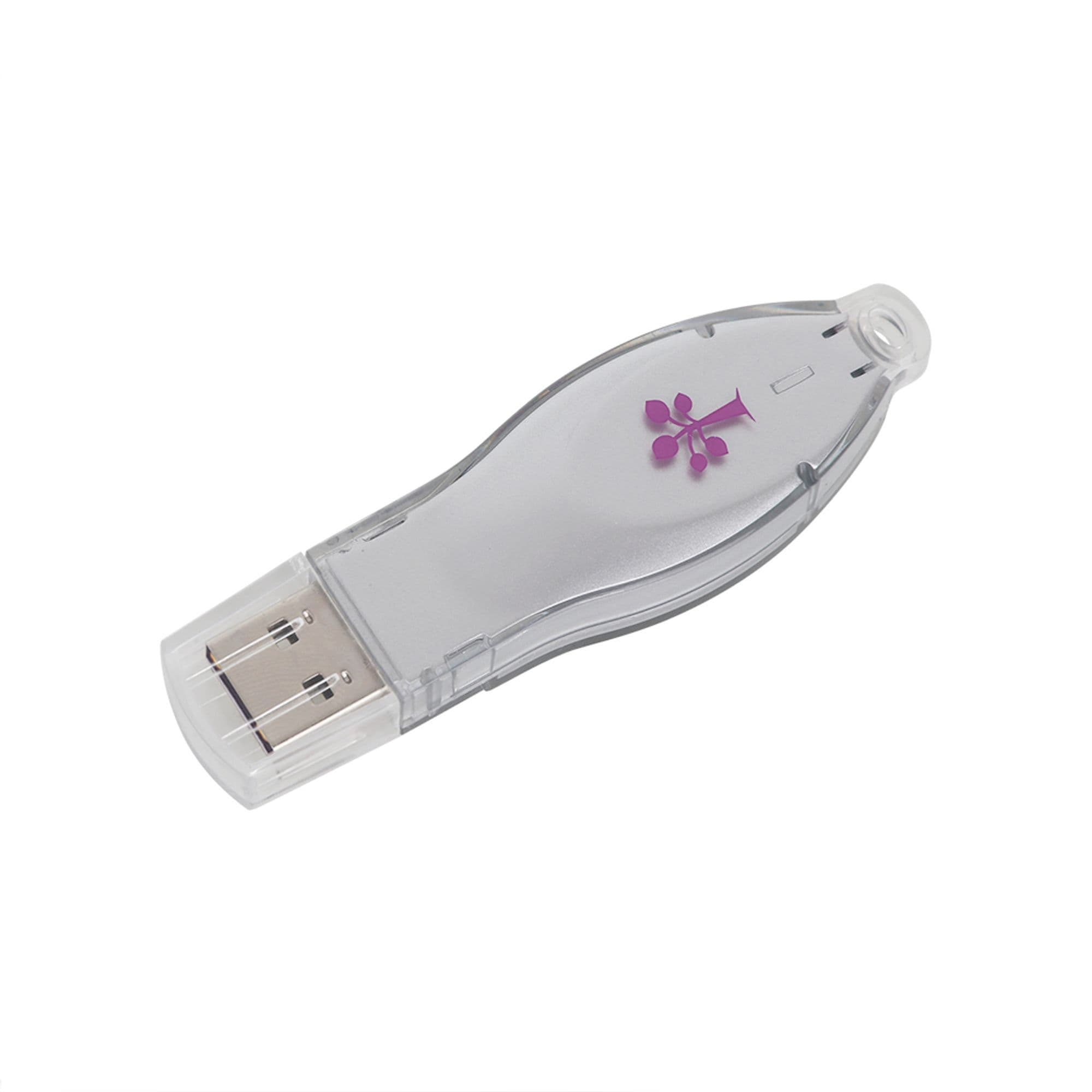 A translucent grey flash drive shaped like a bottle, featuring a pink flower design and a logo.