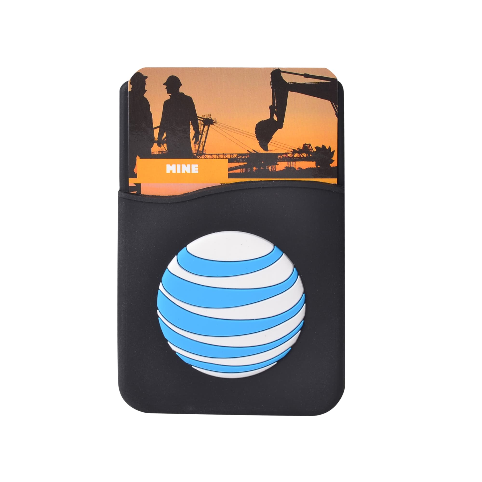 A black moulded smart wallet with an orange sunset design and a circular logo on the front.