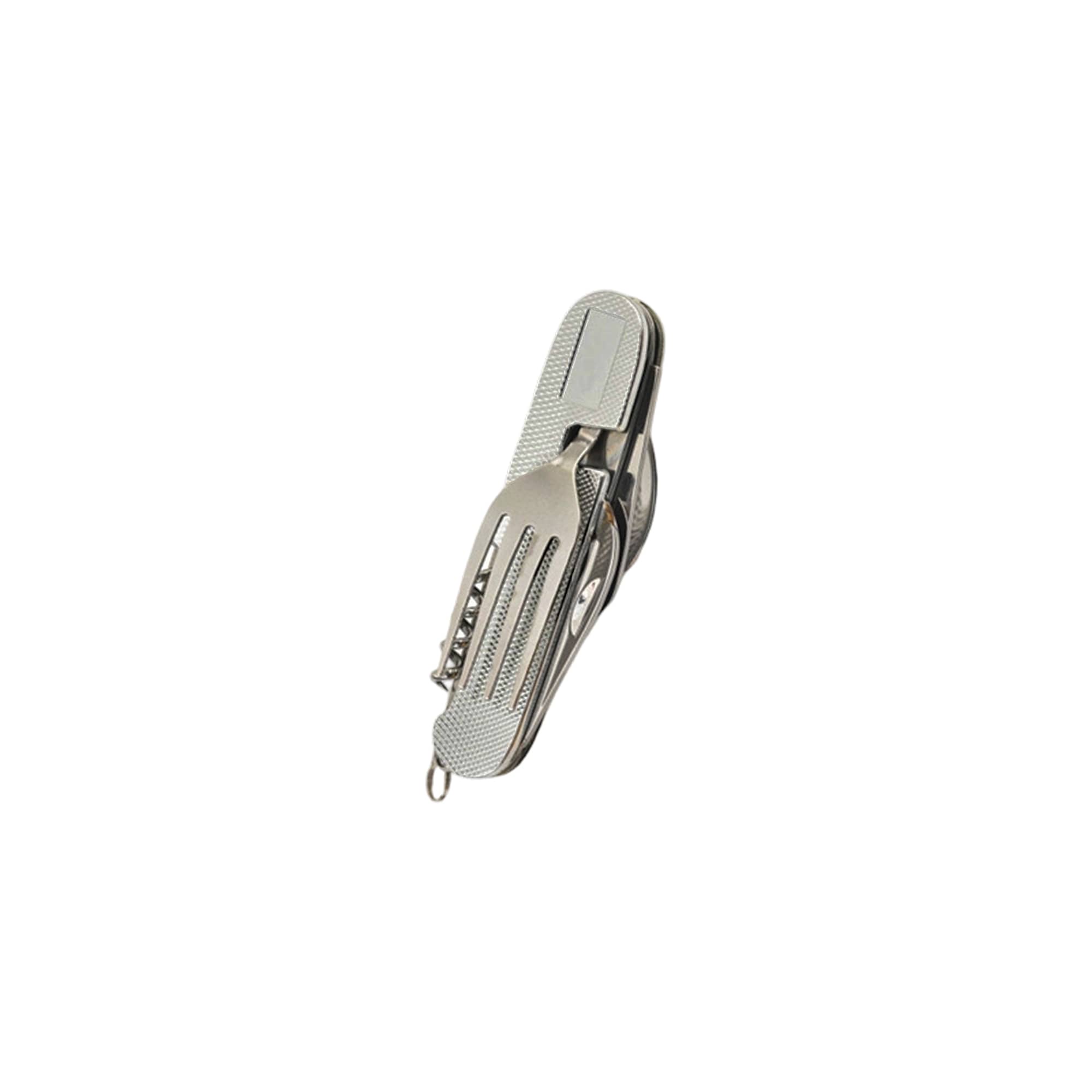 A multi-function camping flatware utensil in silver, combining a fork, knife, spoon, and other tools. It has a logo.