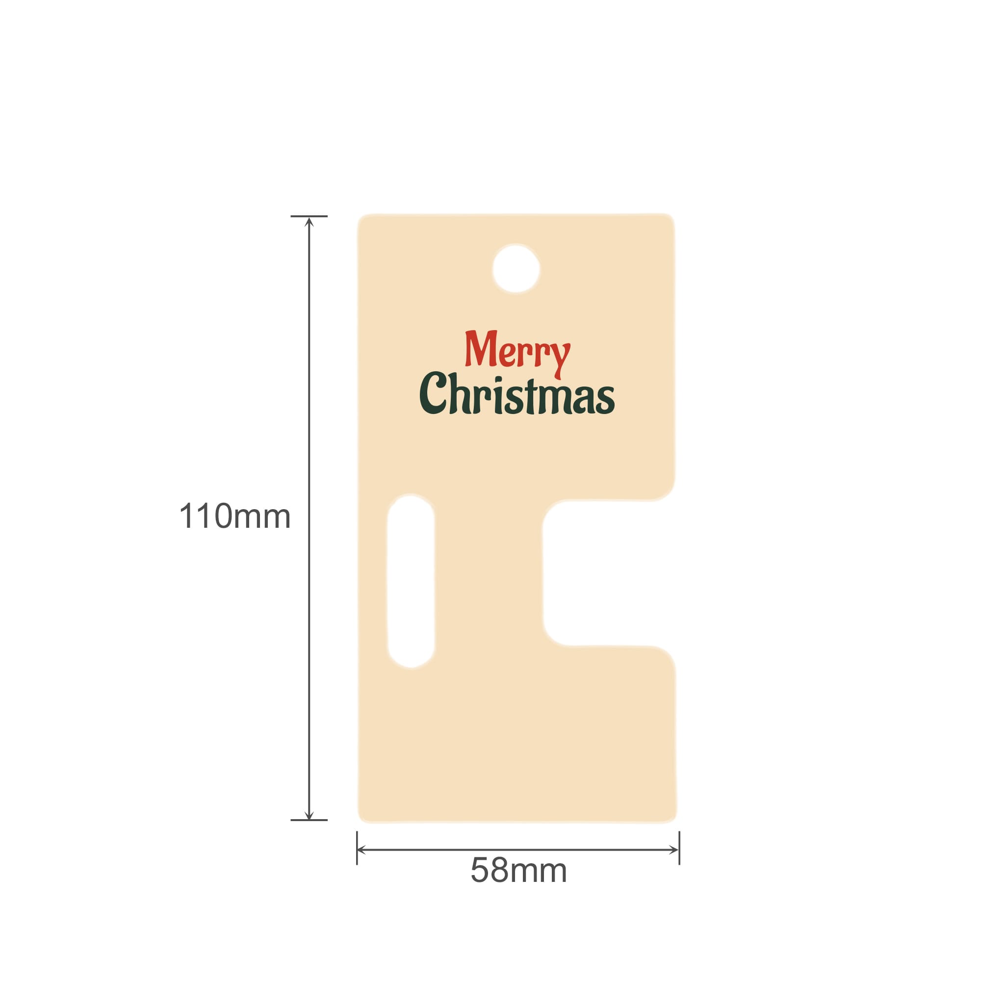 A cream-coloured product card with a hole and slot, featuring "Merry Christmas" printed in red and green.