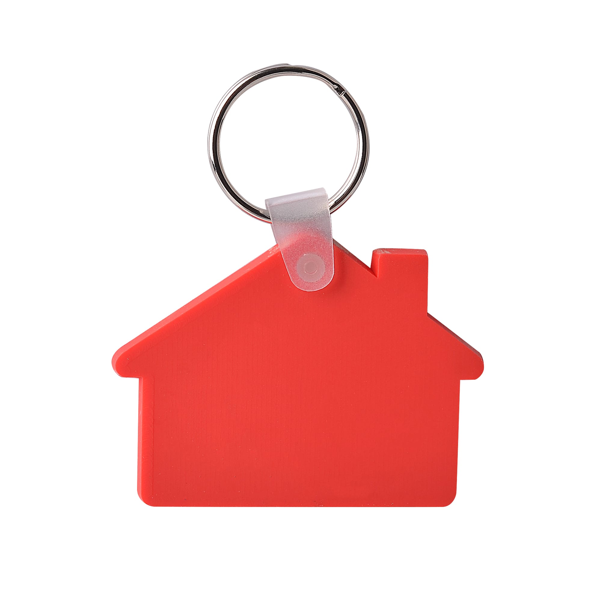 A red keyring shaped like a house, featuring a silver keyring attachment. It has a simple, solid design.